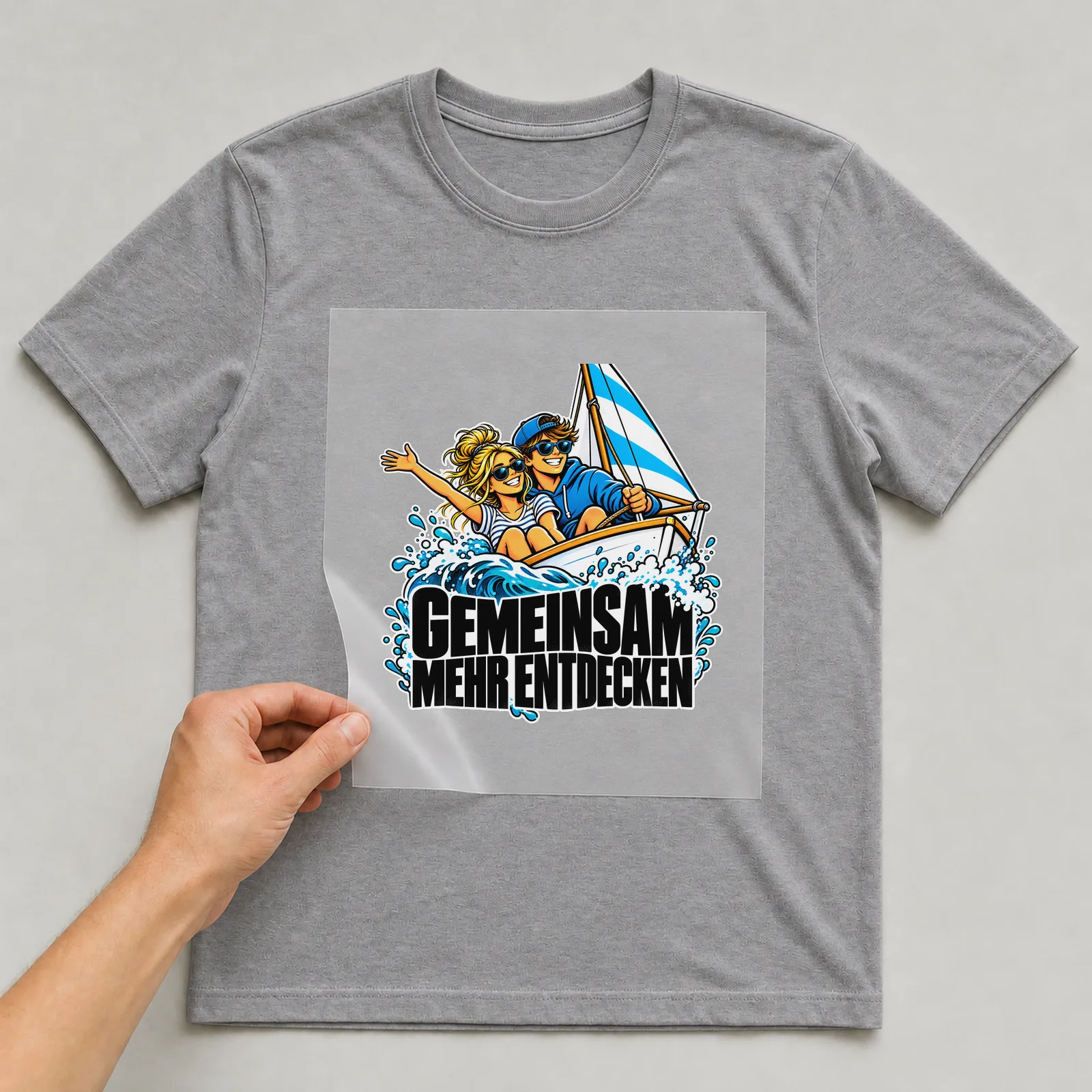 Bügelbild „Gemeinsam mehr entdecken“ auf grauem T-Shirt, Folie wird aufgelegt
