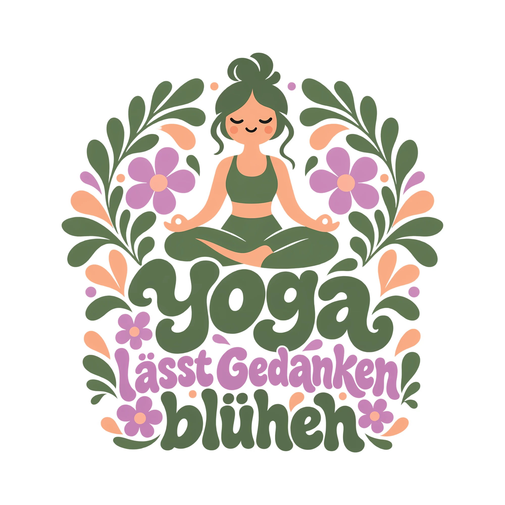 Bügelbild Yoga lässt Gedanken blühen als Grafik auf weißem Hintergrund (BB013305)