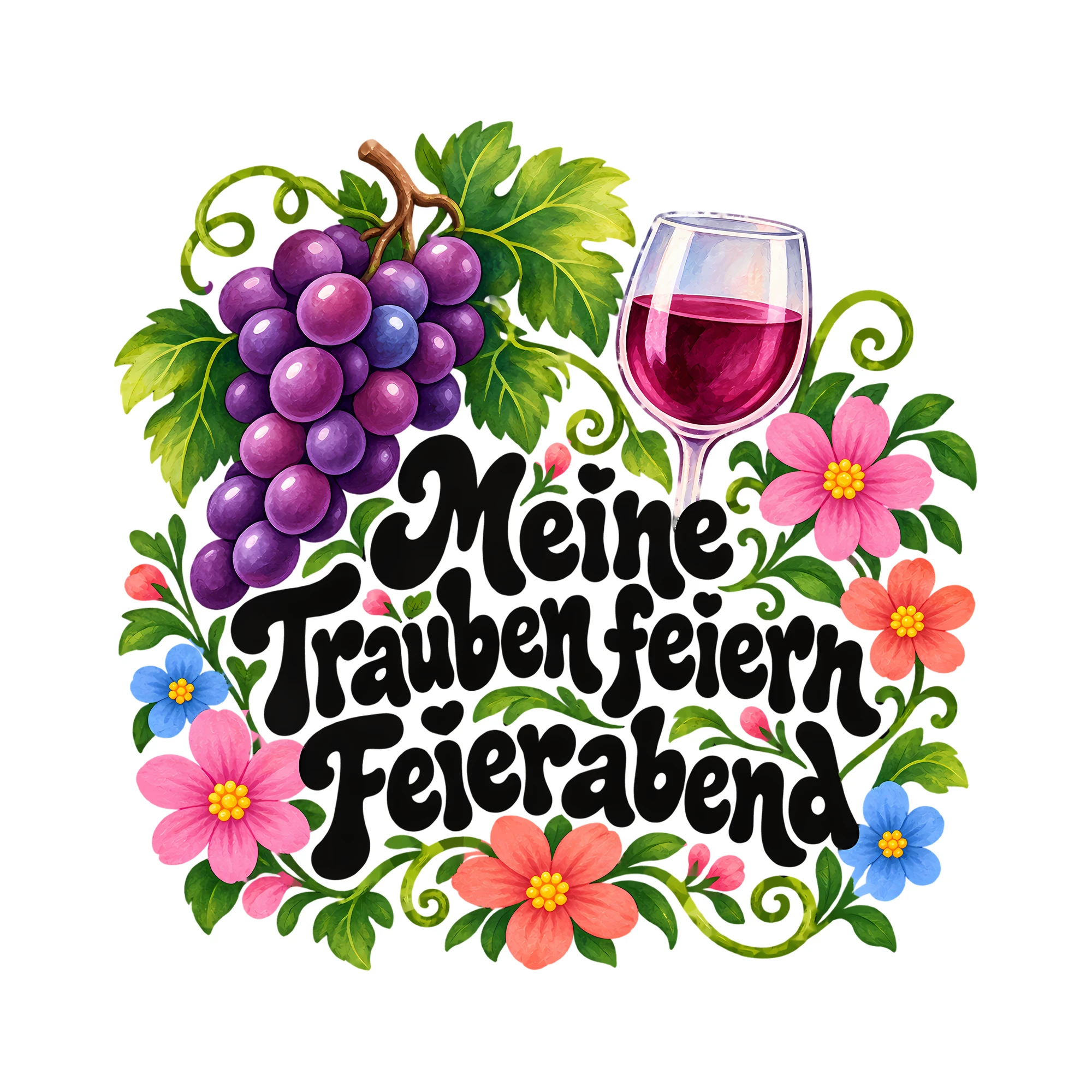 Bügelbild Meine Trauben feiern Feierabend als Grafik auf weißem Hintergrund (BB012015)