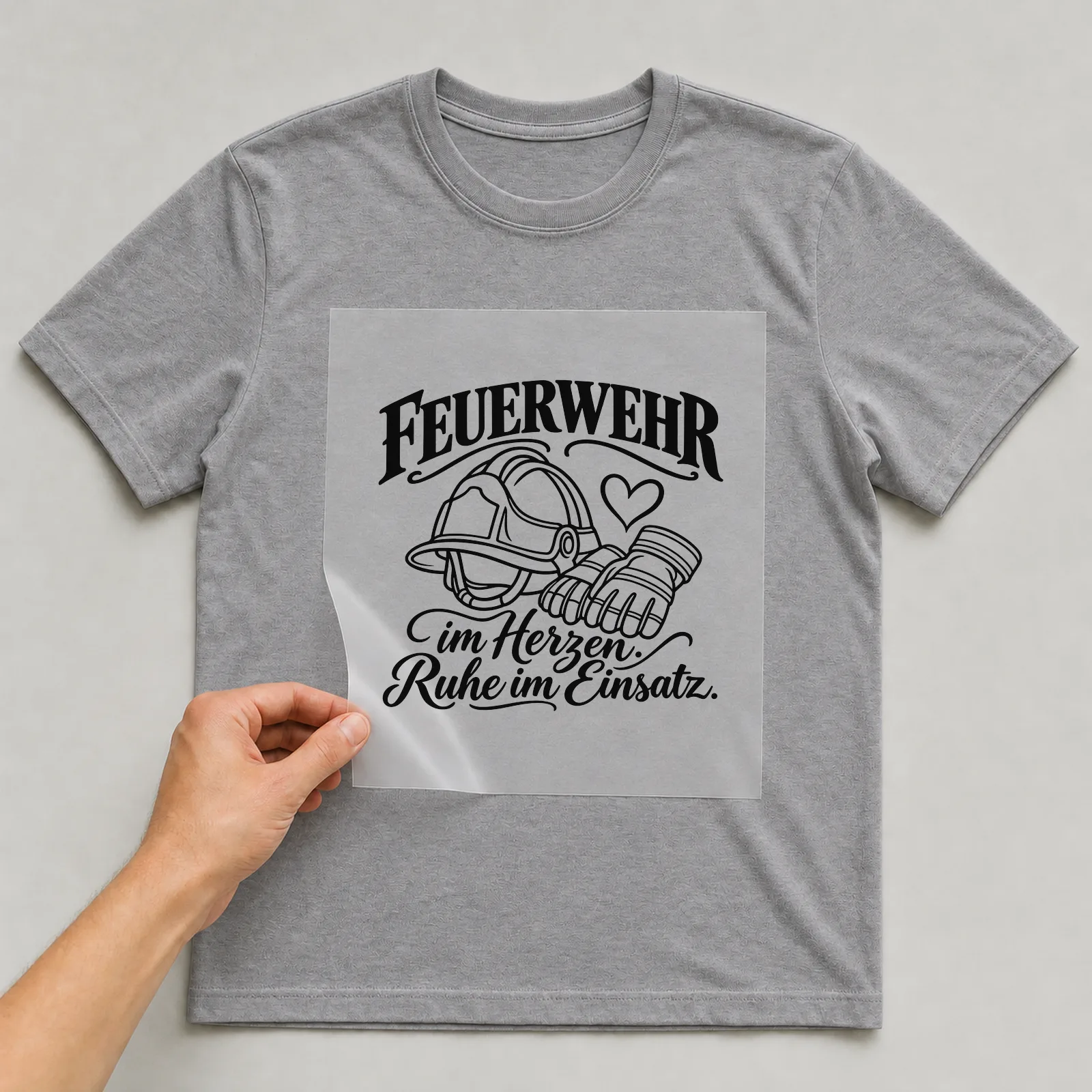 Bügelbild „Feuerwehr im Herzen. Ruhe im Einsatz.“ auf grauem T-Shirt, Folie wird aufgelegt