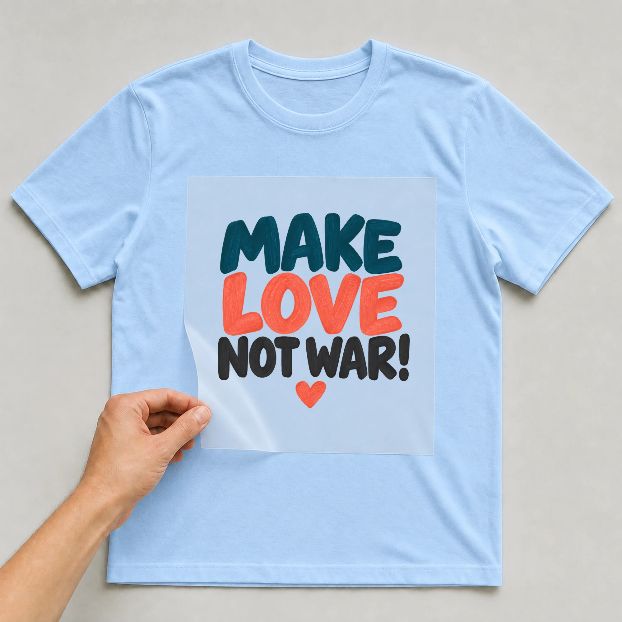 Bügelbild „Make Love Not War!“ auf babyblauem T-Shirt, Folie wird aufgelegt