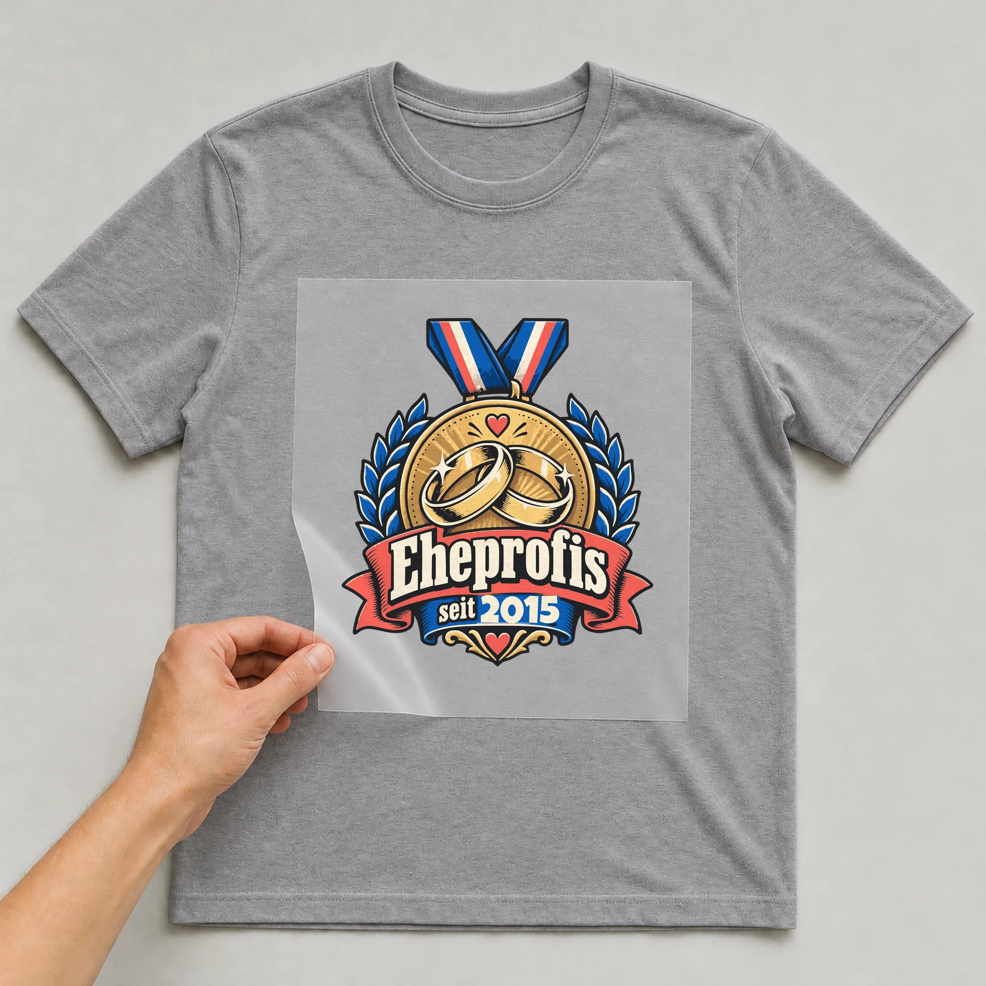 Bügelbild Eheprofis mit Jahr auf grauem T-Shirt, Folie wird aufgelegt