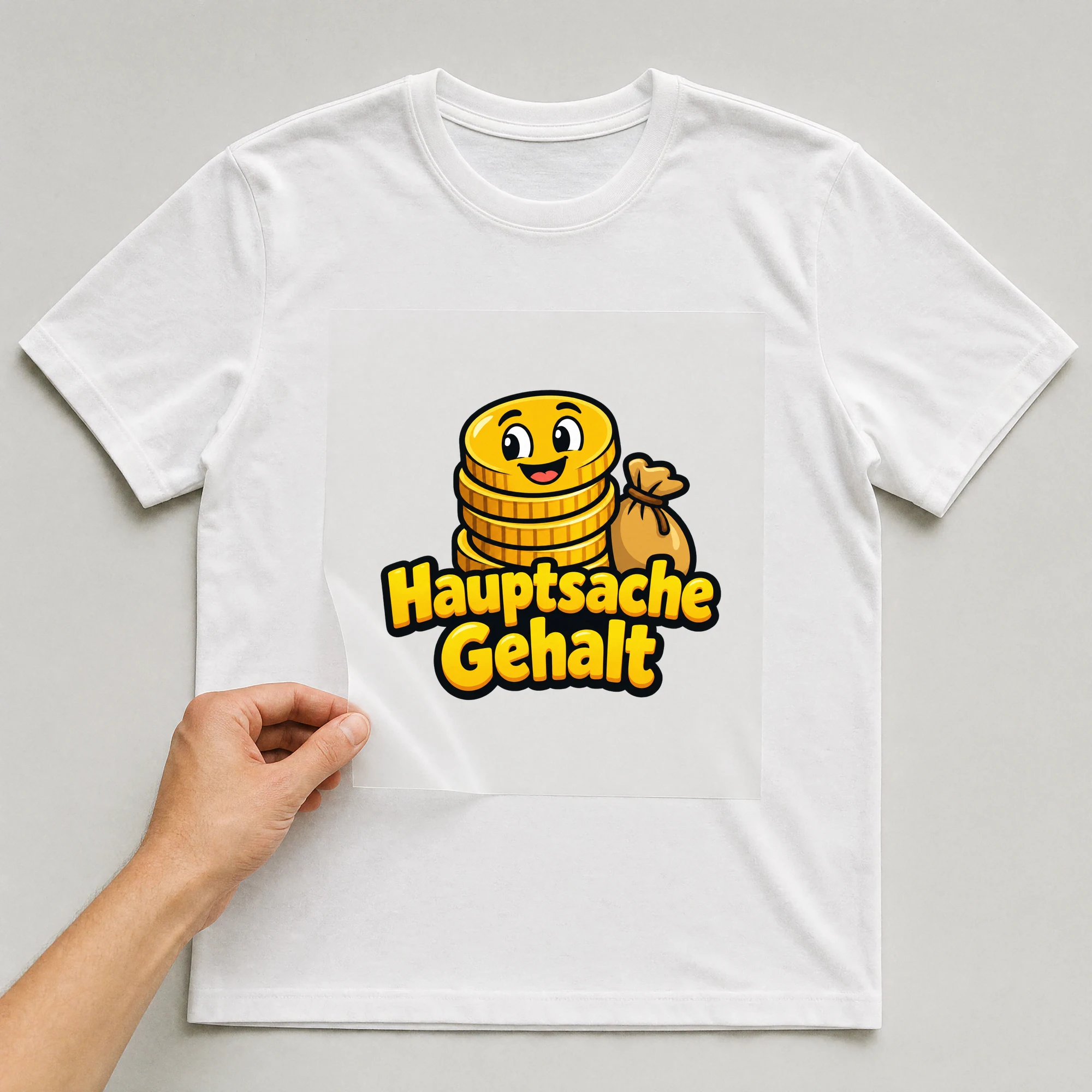 Bügelbild „Hauptsache Gehalt“ auf weißem T-Shirt, Folie wird aufgelegt