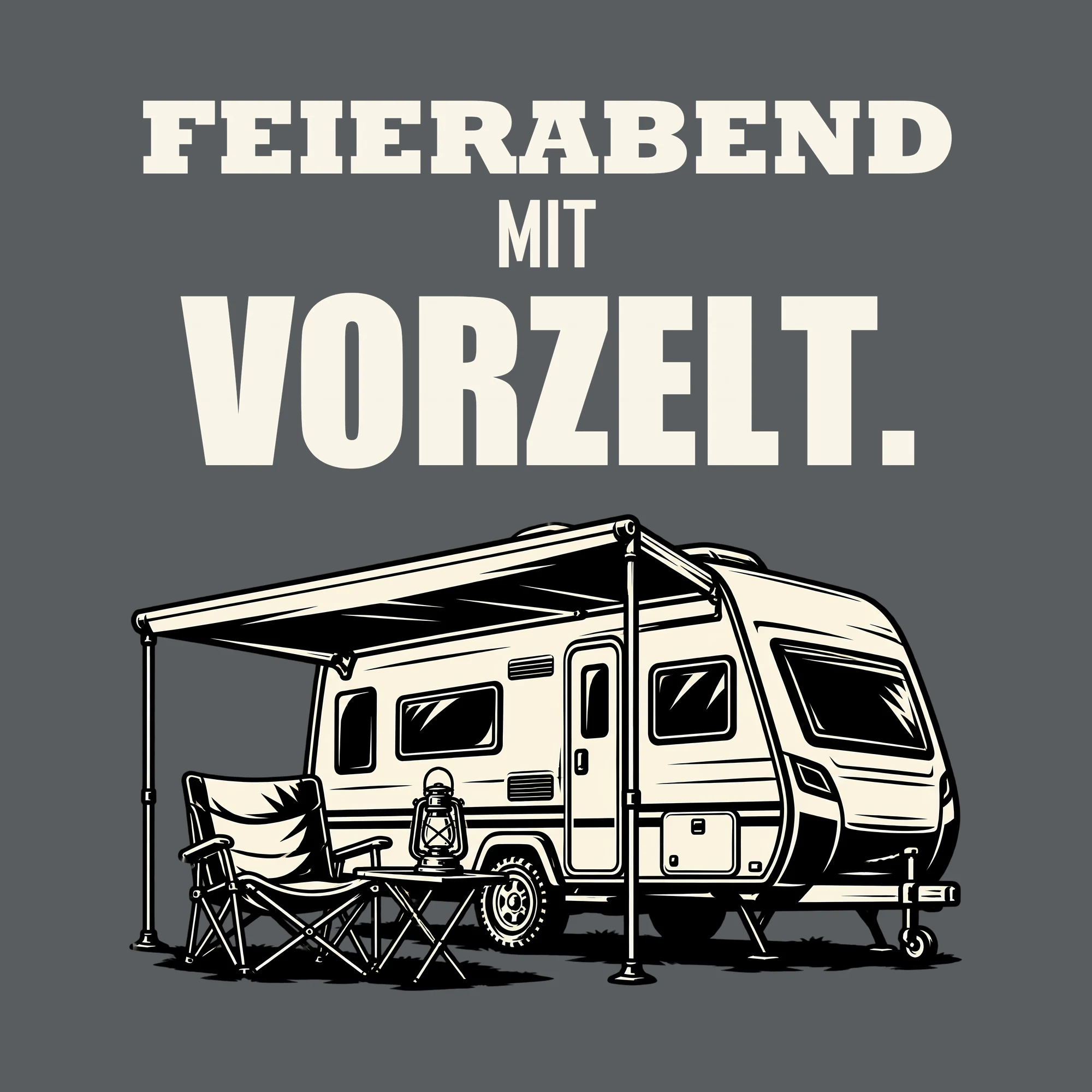 Bügelbild FEIERABEND MIT VORZELT. als Grafik auf dunklem Hintergrund (BB012763)