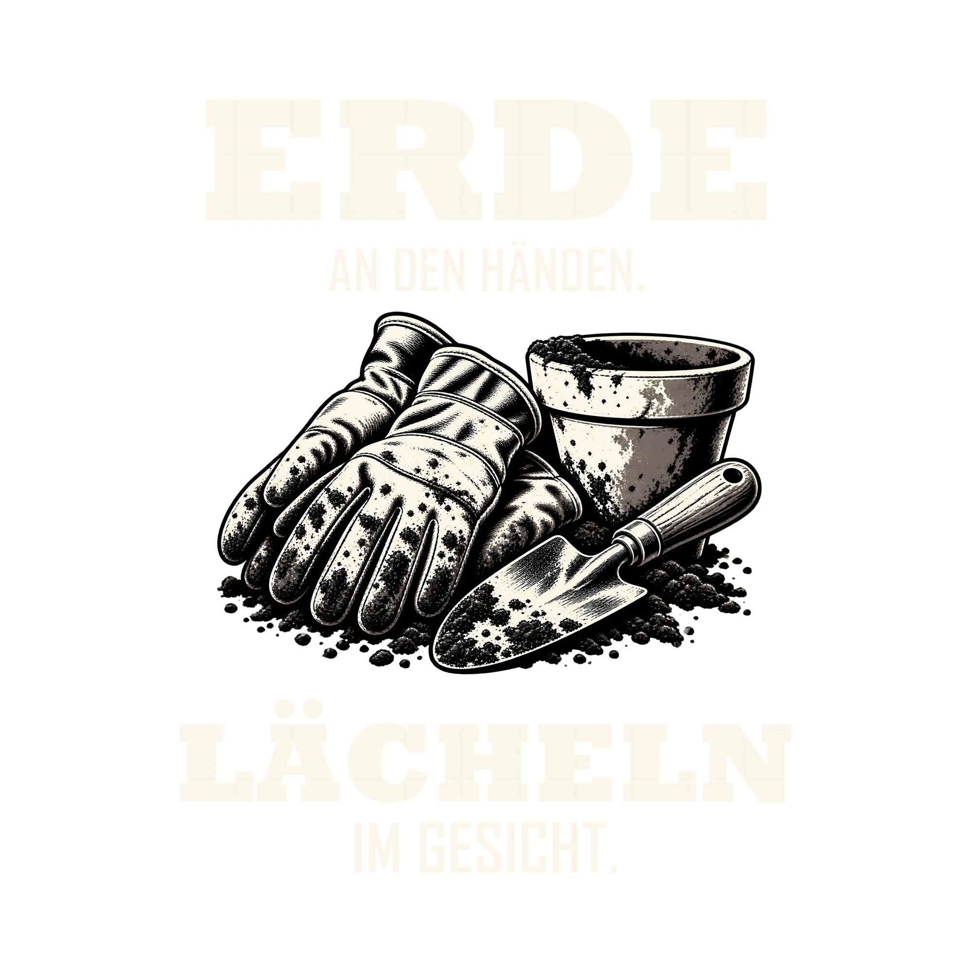 Bügelbild ERDE AN DEN HÄNDEN. LÄCHELN IM GESICHT. als Grafik auf weißem Hintergrund (BB013177)