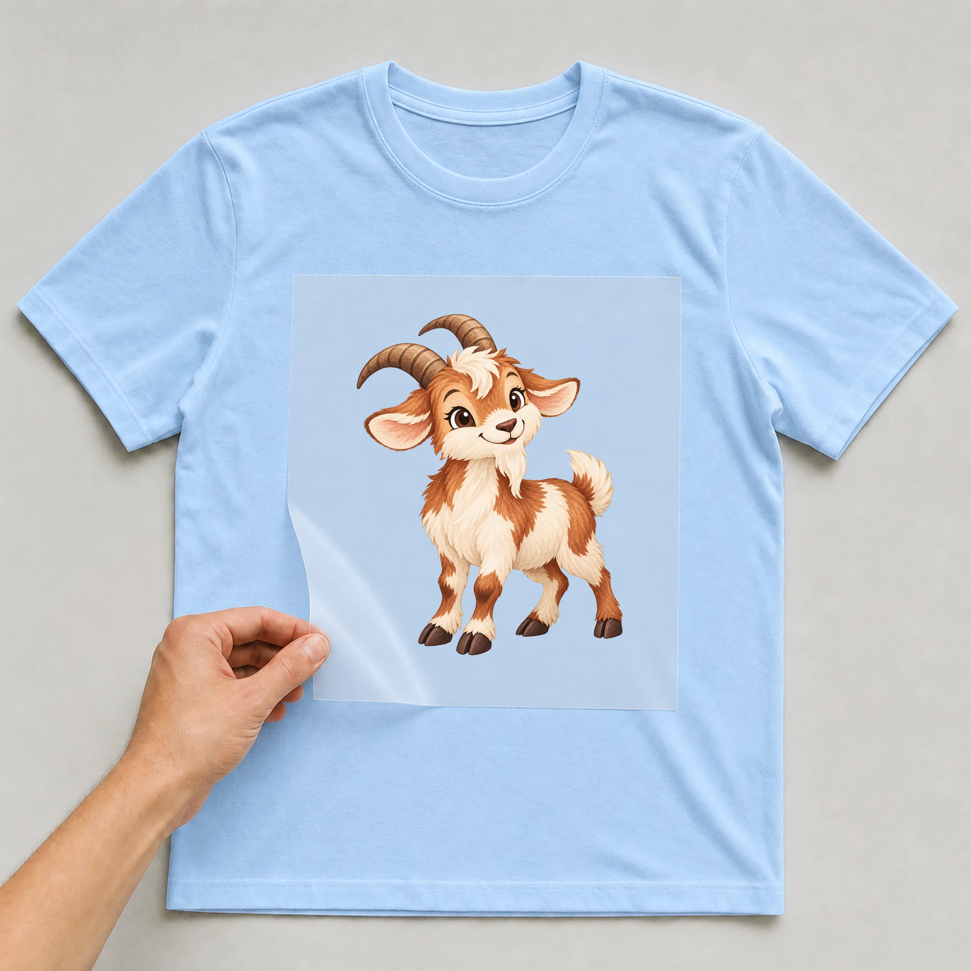 Bügelbild „Chinesisches Zeichen Jahr Der Ziege“ auf babyblauem T-Shirt, Folie wird aufgelegt