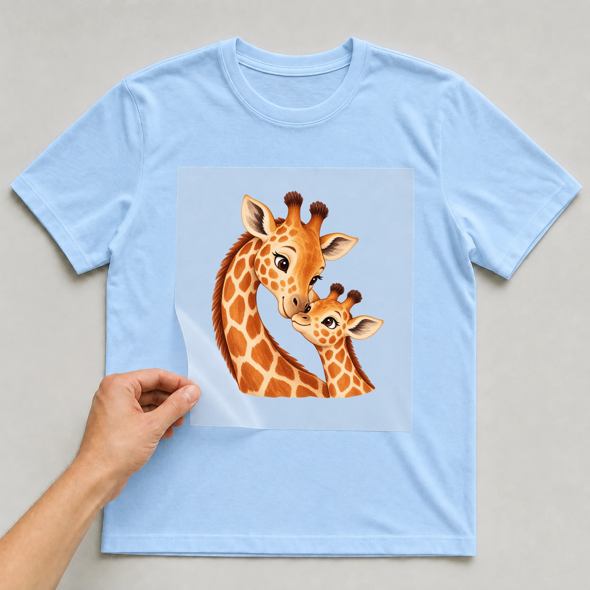 Bügelbild „Giraffe Mutter Mit Kind“ auf babyblauem T-Shirt, Folie wird aufgelegt