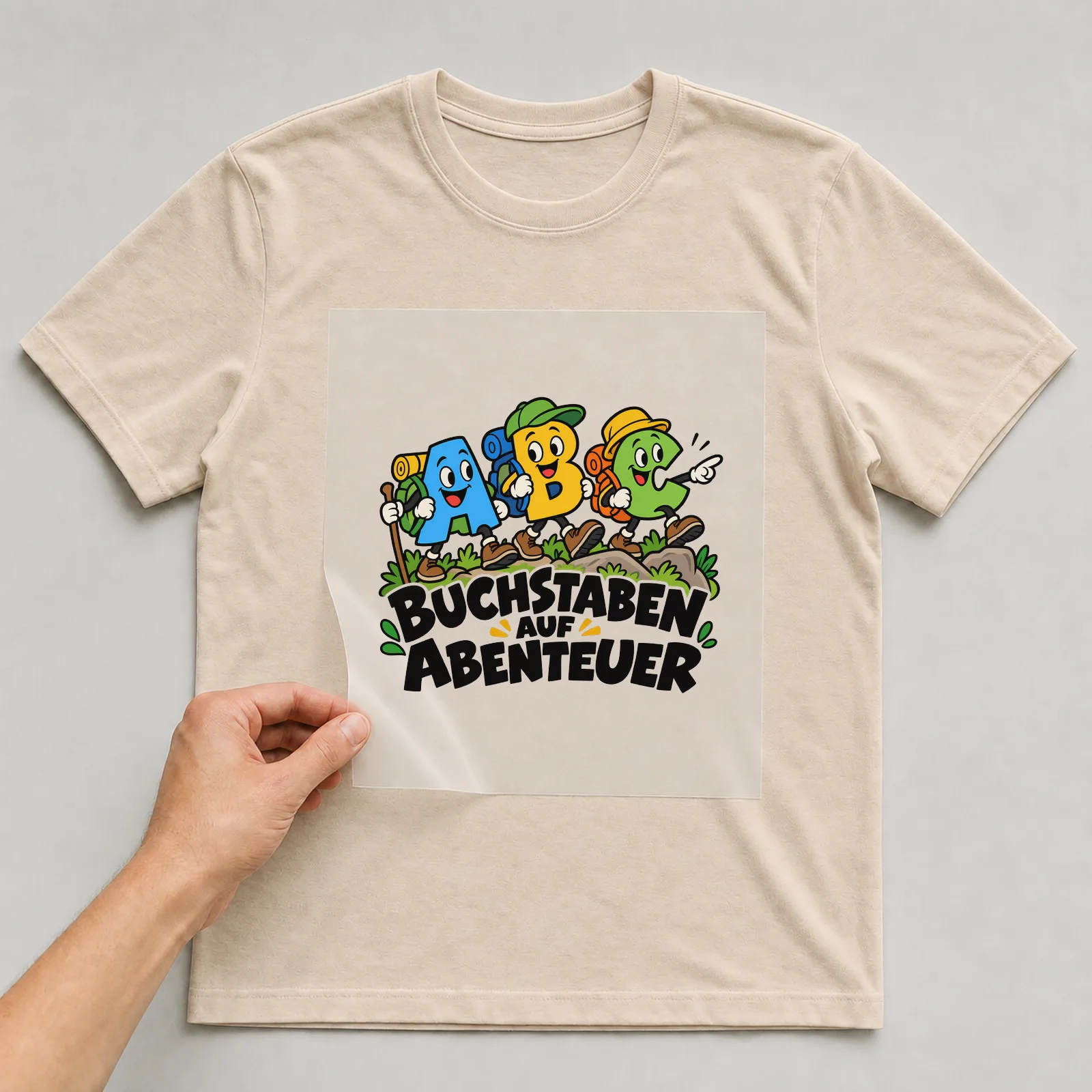 Bügelbild „Buchstaben auf Abenteuer“ auf beigem T-Shirt, Folie wird aufgelegt