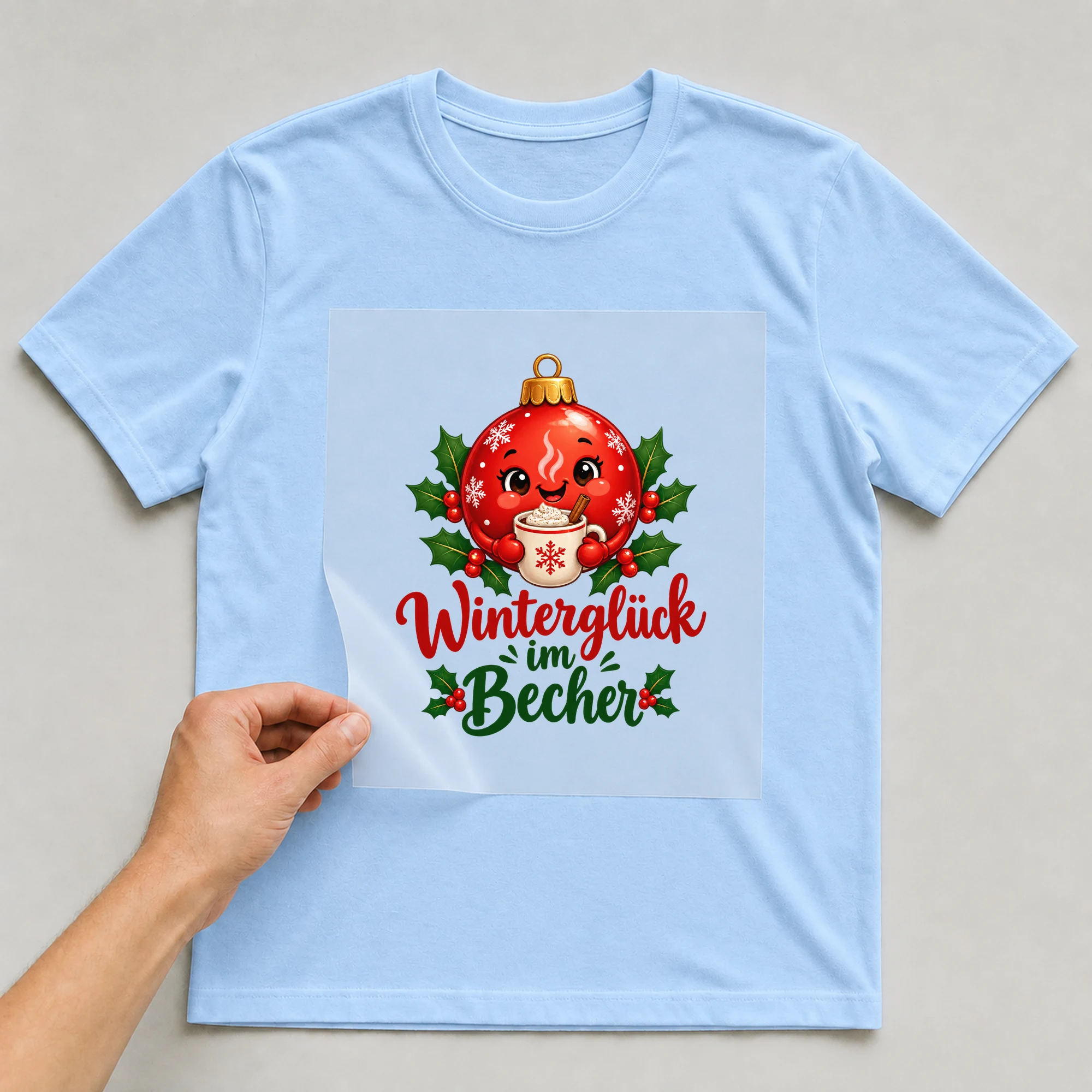 Bügelbild „Winterglück im Becher“ auf babyblauem T-Shirt, Folie wird aufgelegt