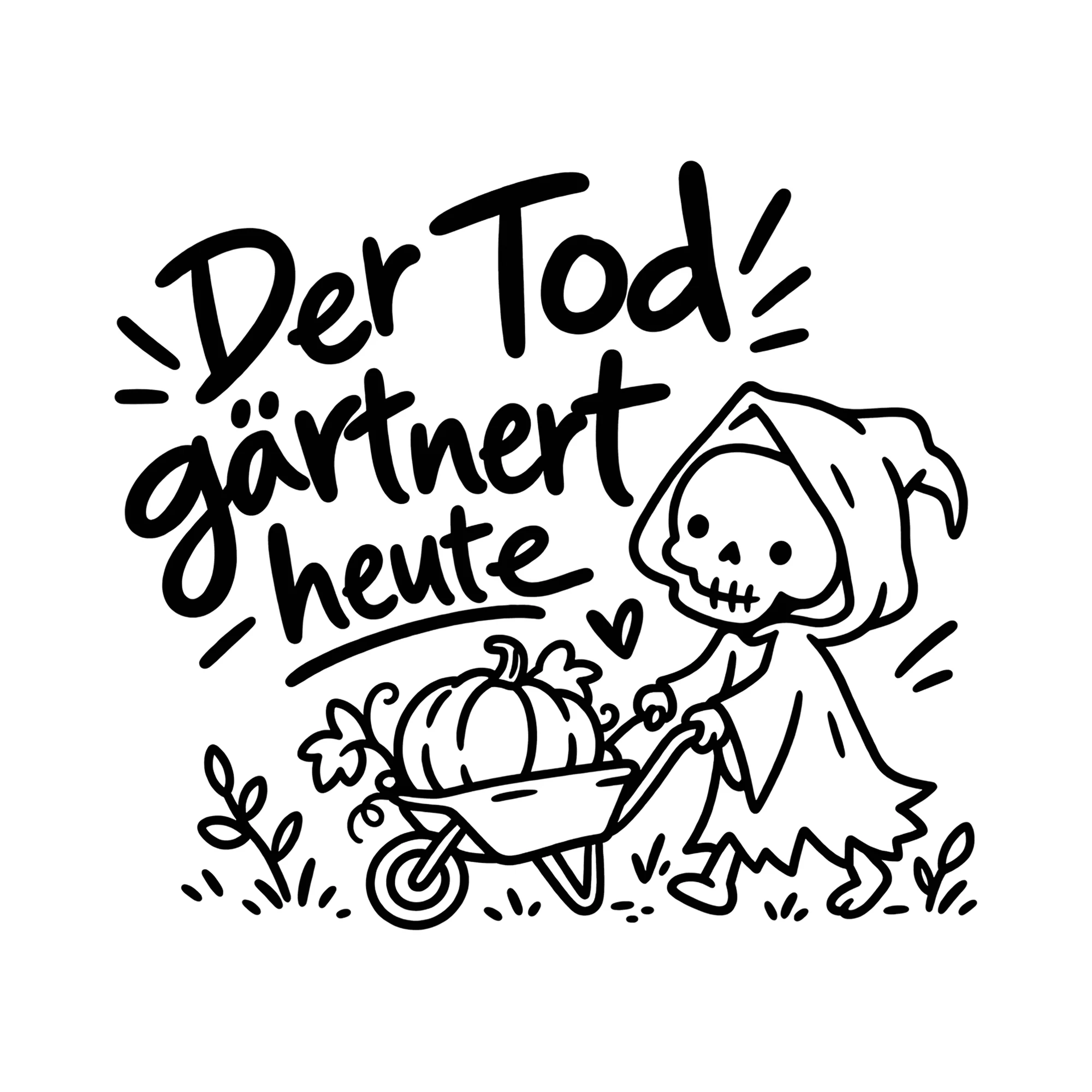 Bügelbild Der Tod gärtnert heute als Grafik auf weißem Hintergrund (BB012632)