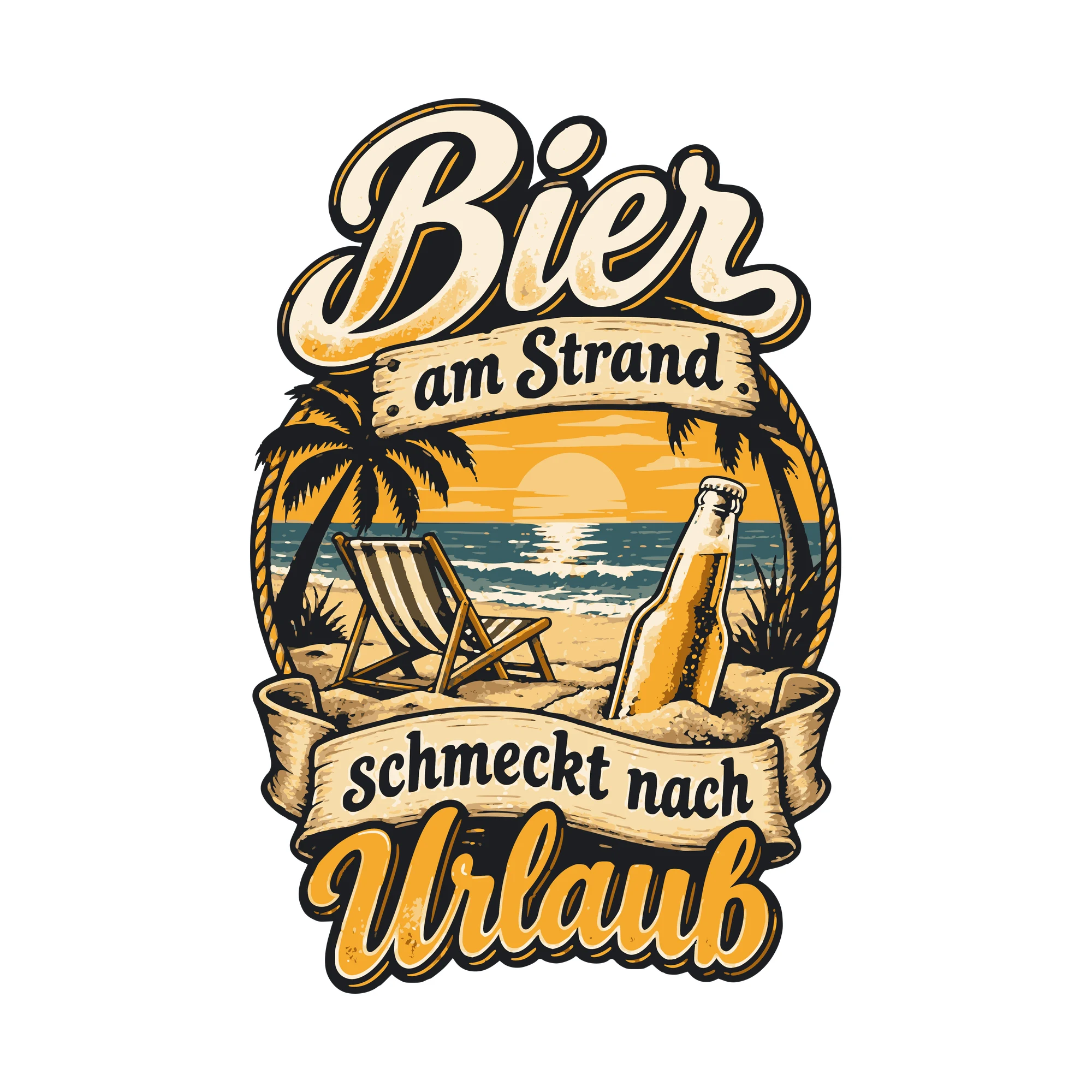 Bügelbild Bier am Strand schmeckt nach Urlaub als Grafik auf weißem Hintergrund (BB011125)