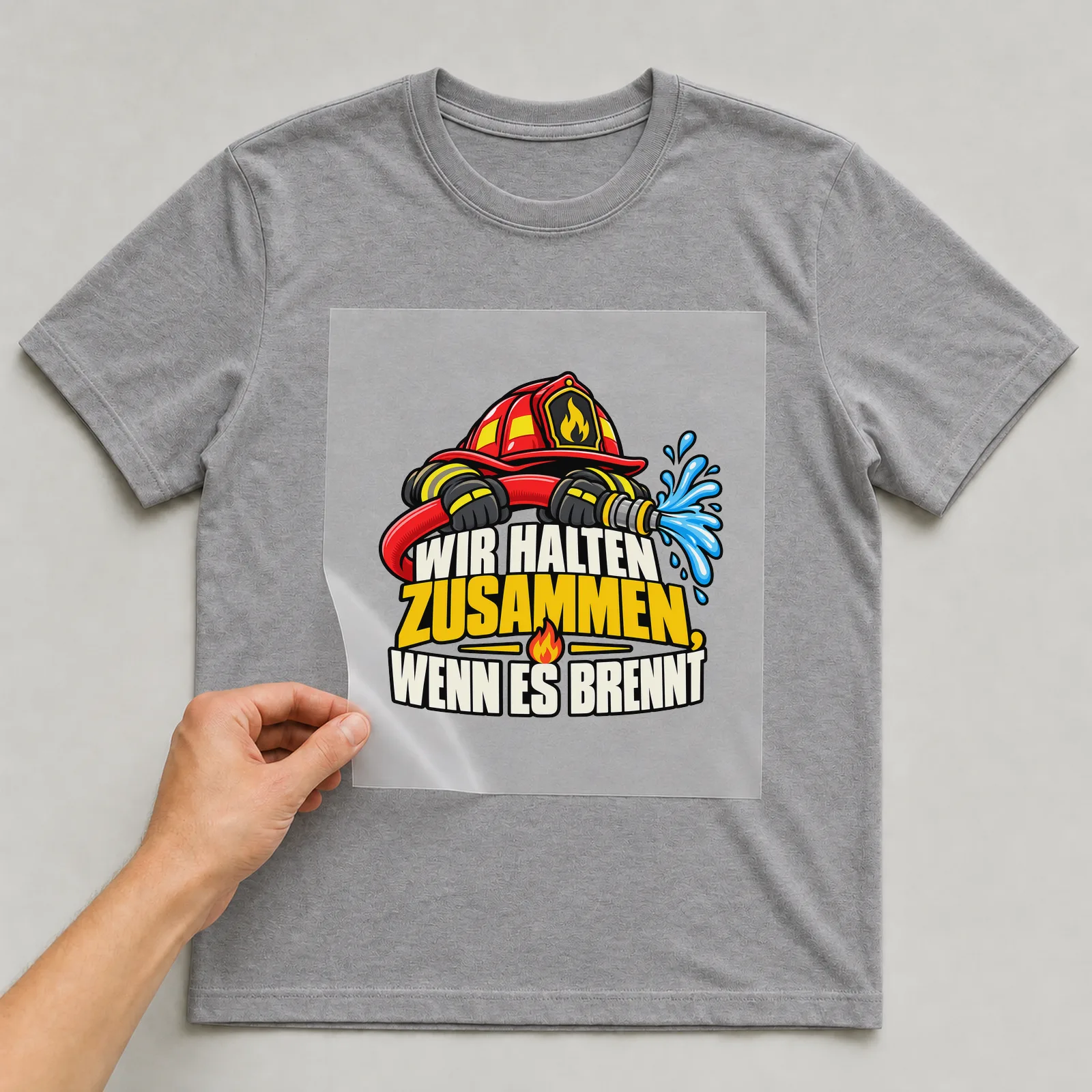 Bügelbild „Wir halten Zusammen, wenn es brennt“ auf grauem T-Shirt, Folie wird aufgelegt