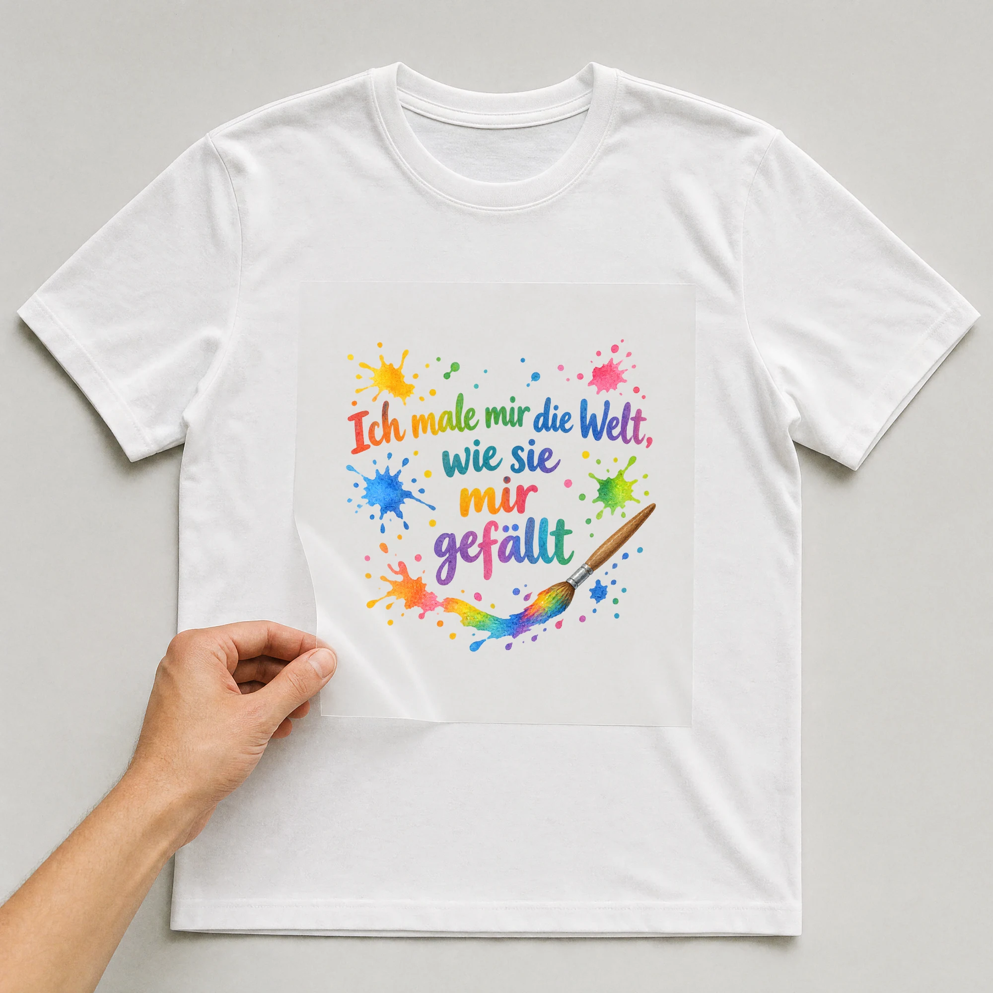 Bügelbild „Ich male mir die Welt, wie sie mir gefällt“ auf weißem T-Shirt, Folie wird aufgelegt