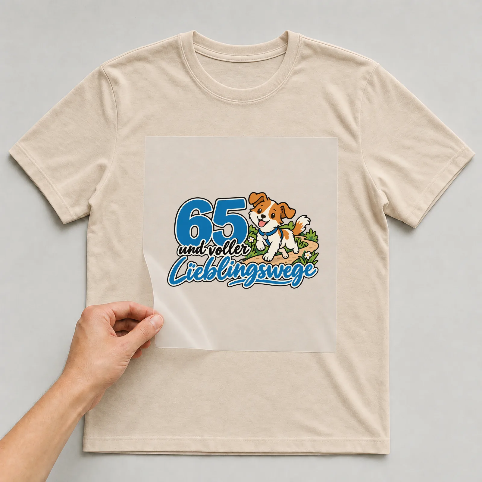 Bügelbild „65 und voller Lieblingswege“ auf beigem T-Shirt, Folie wird aufgelegt