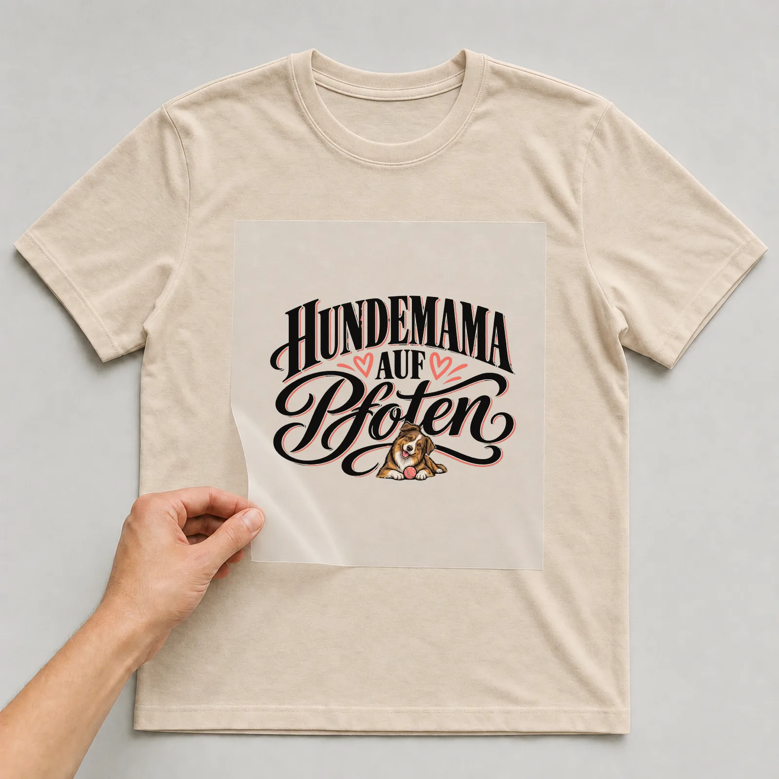 Bügelbild „Hundemama auf Pfoten“ auf beigem T-Shirt, Folie wird aufgelegt