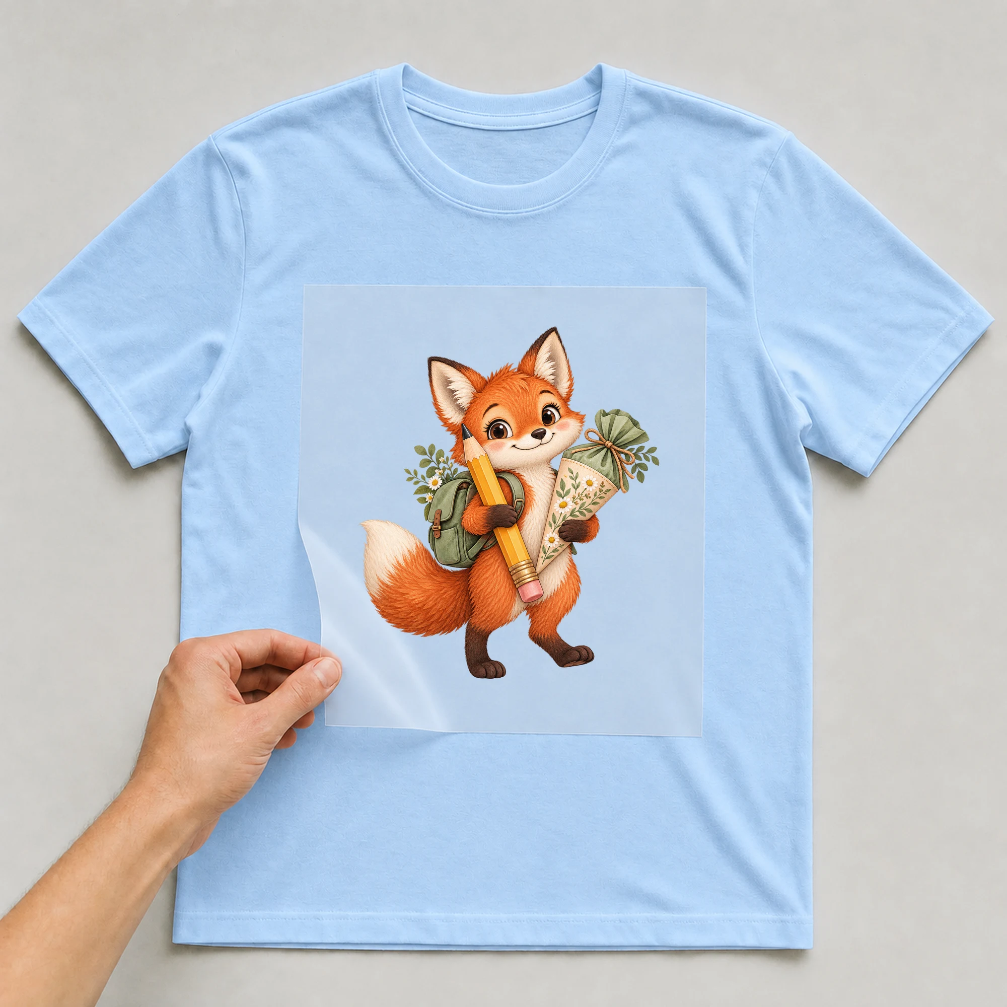 Bügelbild „Fuchs als Schulkind“ auf babyblauem T-Shirt, Folie wird aufgelegt