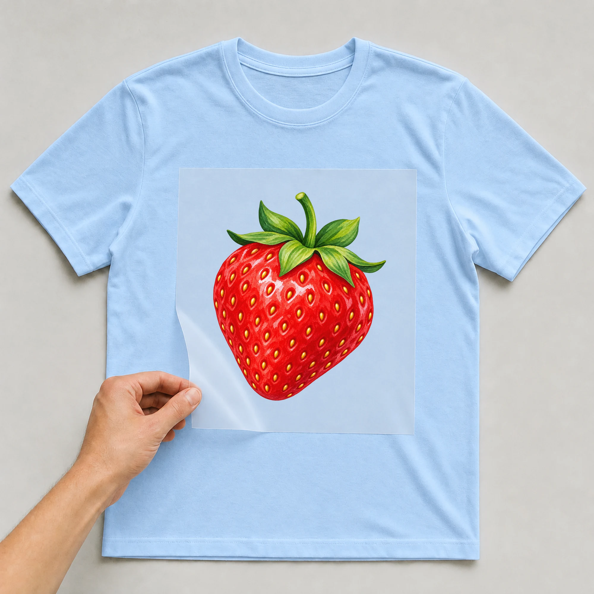 Bügelbild „Erdbeere“ auf babyblauem T-Shirt, Folie wird aufgelegt