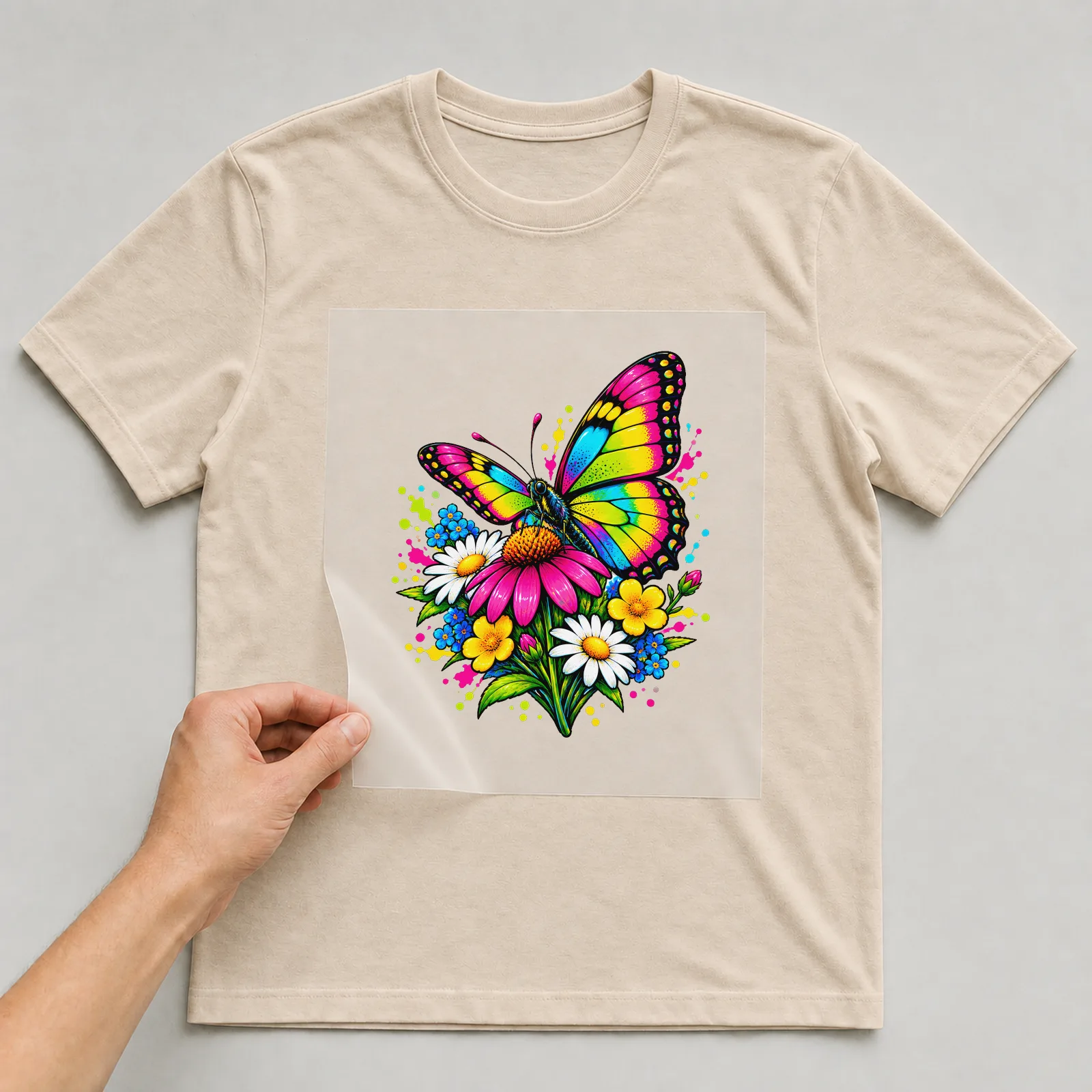 Bügelbild natur schmetterling wildblumen auf beigem T-Shirt, Folie wird aufgelegt