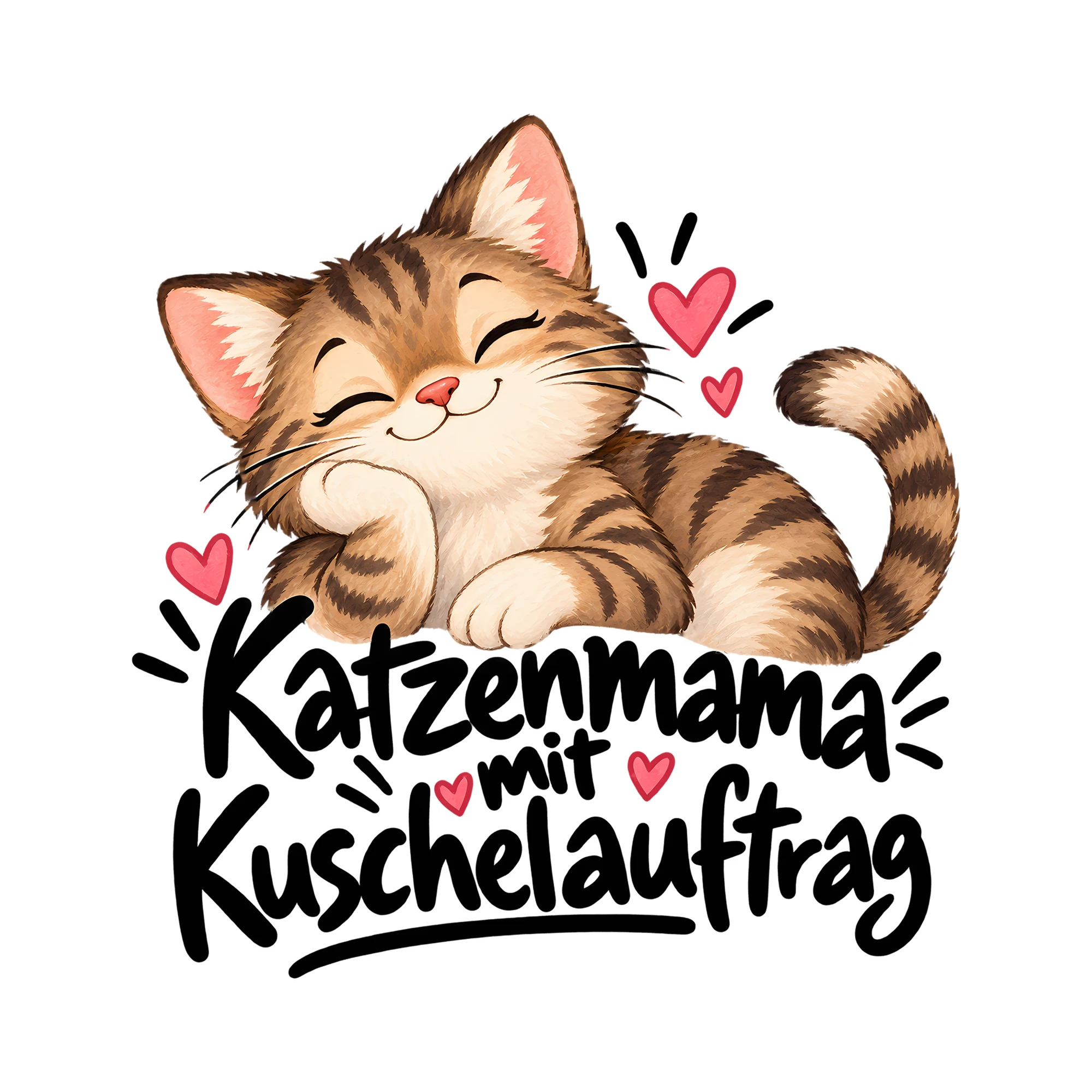 Bügelbild Katzenmama mit Kuschelauftrag als Grafik auf weißem Hintergrund (BB013155)