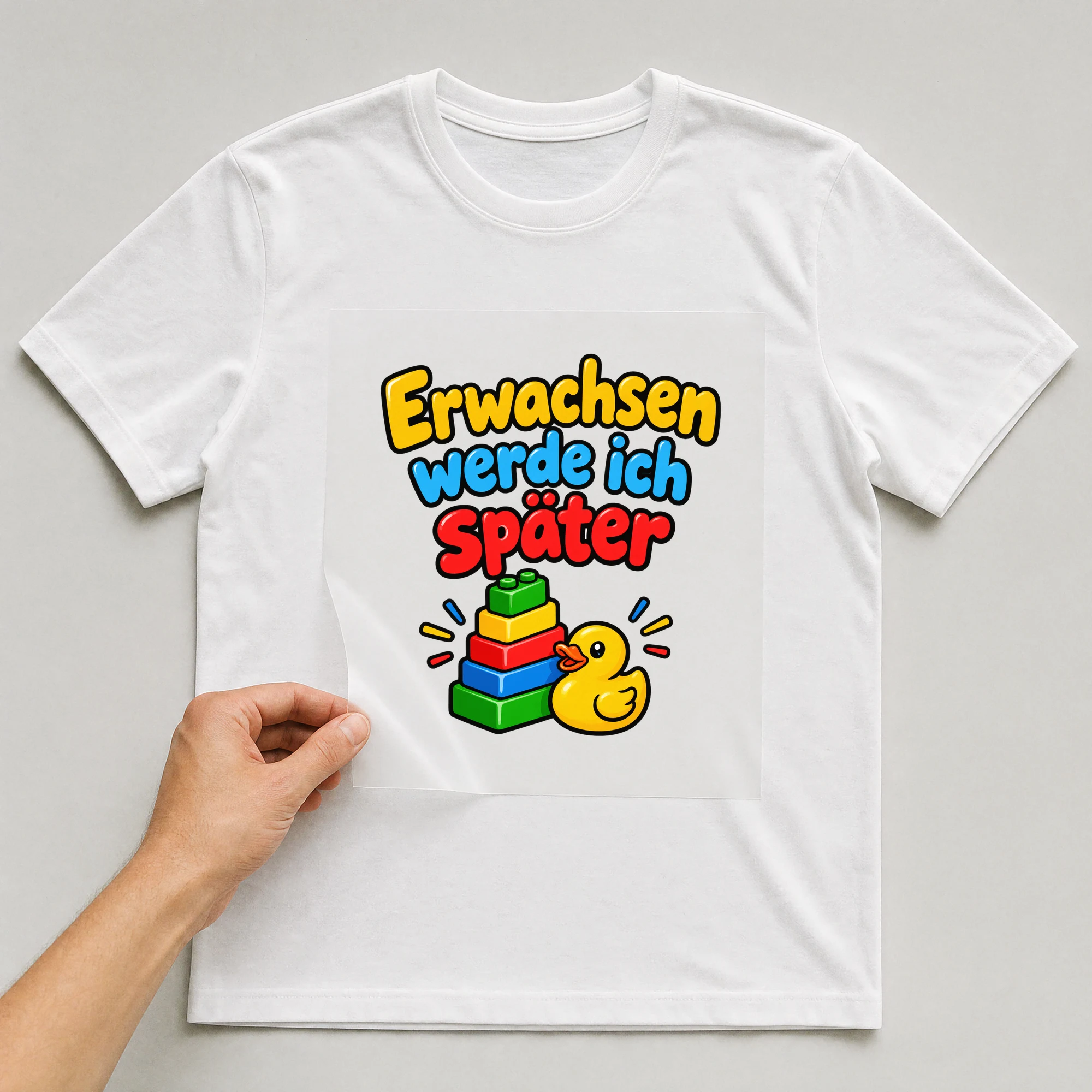 Bügelbild „Erwachsen werde ich später“ auf weißem T-Shirt, Folie wird aufgelegt