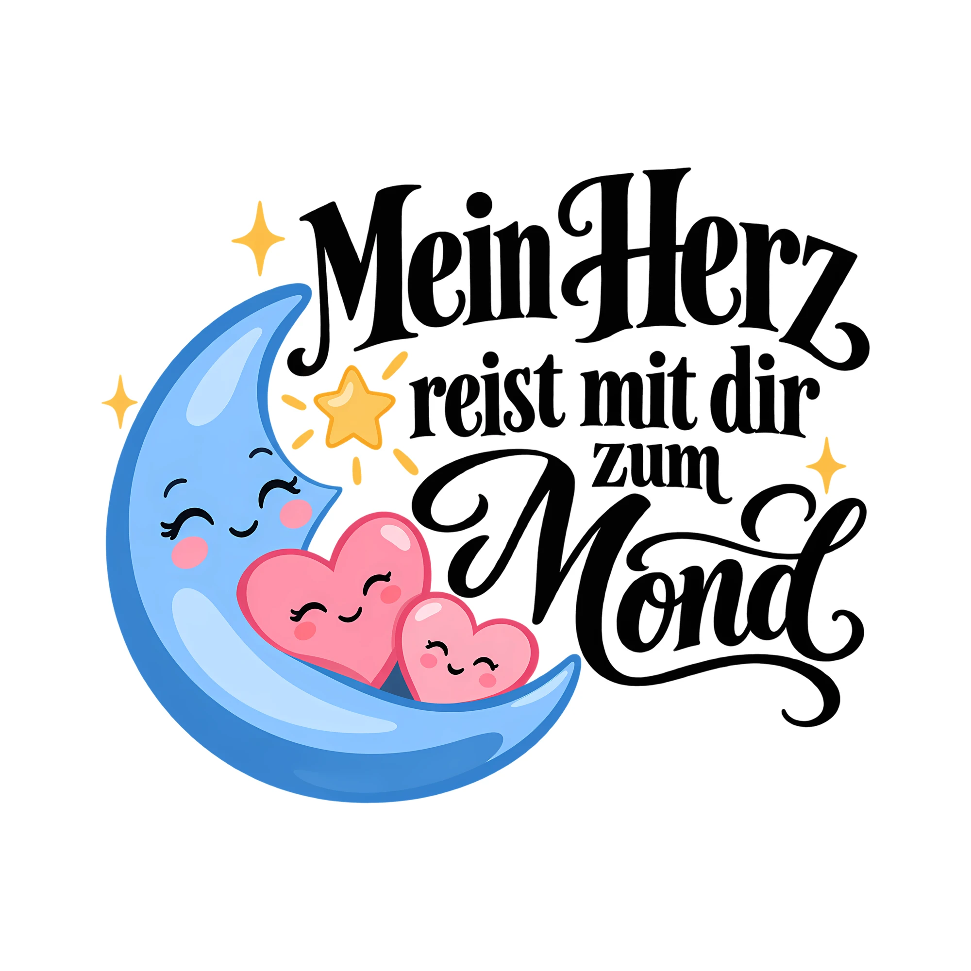 Bügelbild Mein Herz reist mit dir zum Mond als Grafik auf weißem Hintergrund (BB013601)