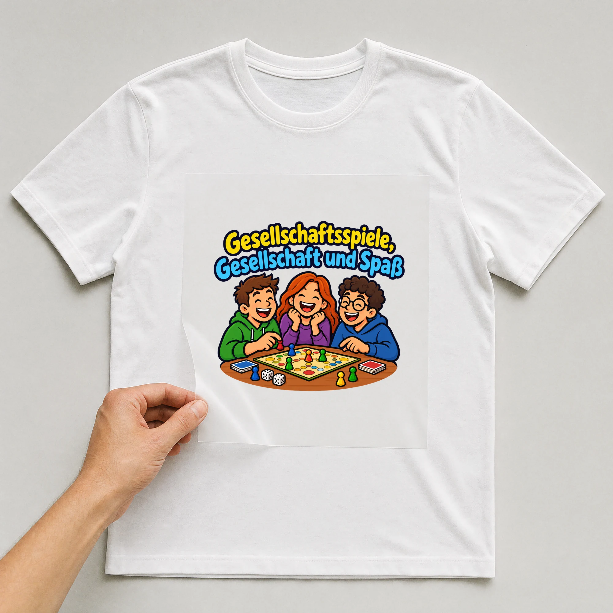 Bügelbild „Gesellschaftsspiele, Gesellschaft und Spaß“ auf weißem T-Shirt, Folie wird aufgelegt