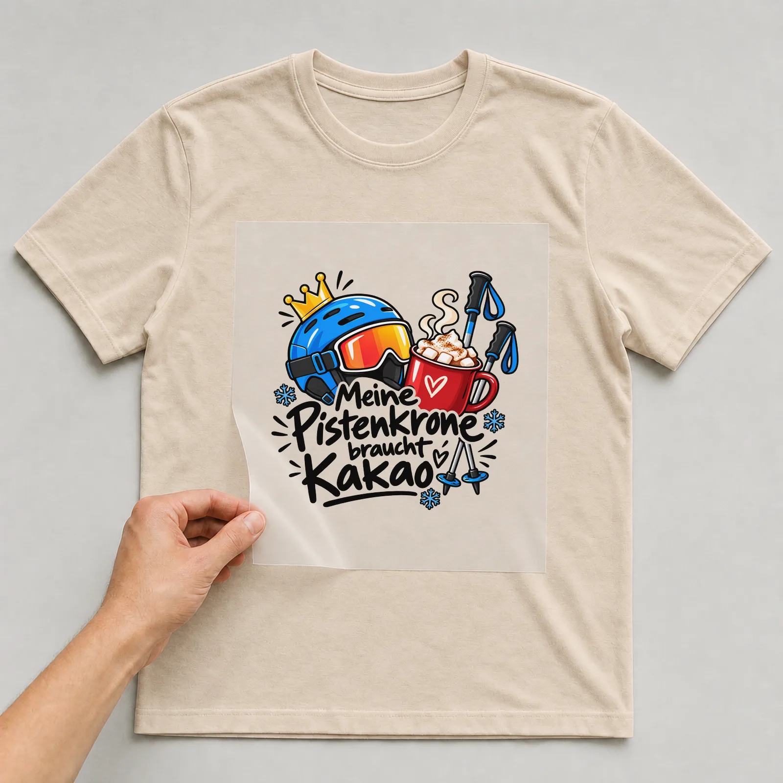 Bügelbild „Meine Pistenkrone braucht Kakao“ auf beigem T-Shirt, Folie wird aufgelegt