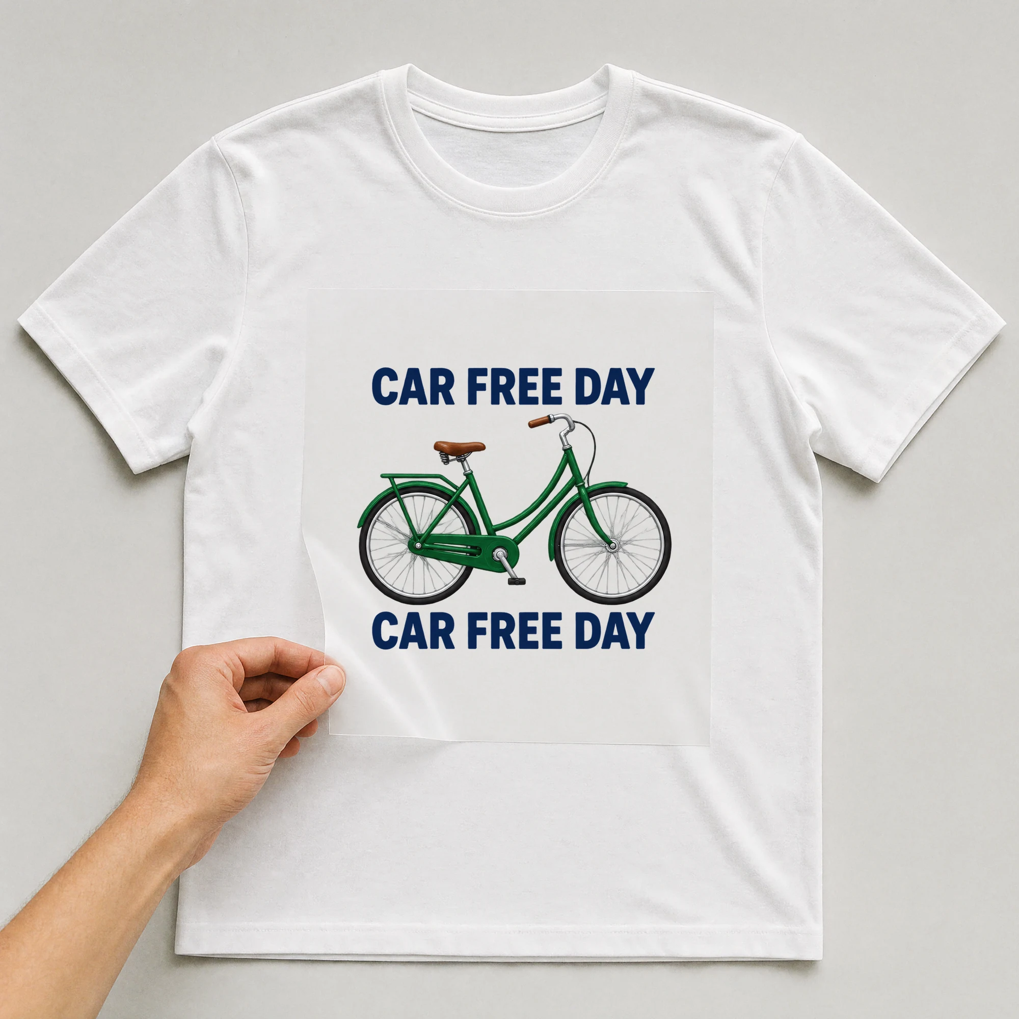 Bügelbild „Car Free Day Car Free Day“ auf weißem T-Shirt, Folie wird aufgelegt