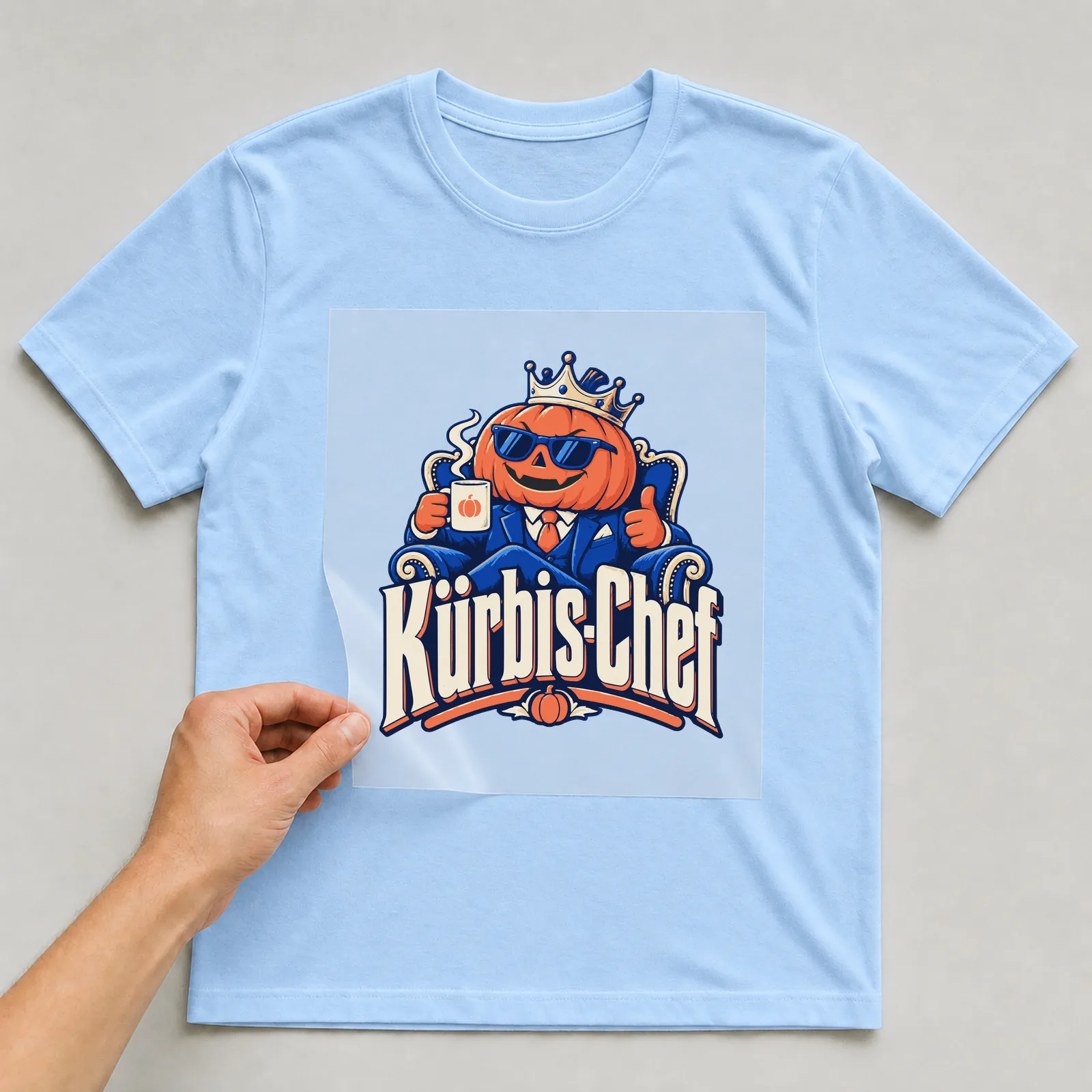 Bügelbild Kürbis-Chef auf hellblauem T-Shirt, Folie wird aufgelegt