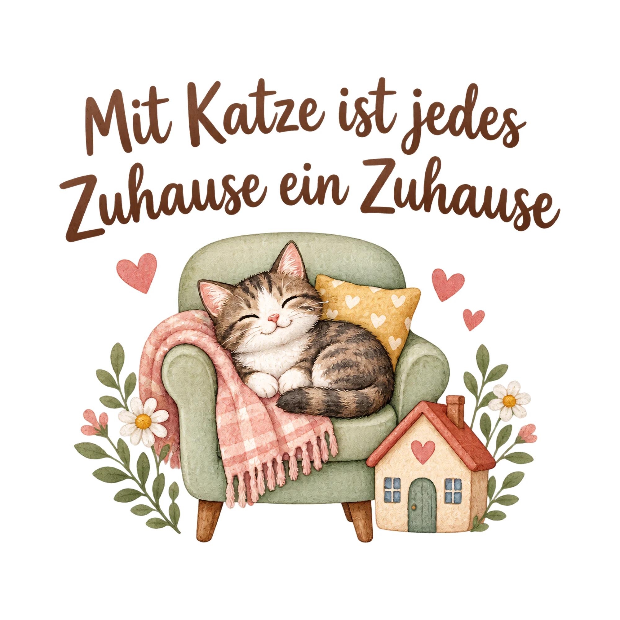 Bügelbild Mit Katze ist jedes Zuhause ein Zuhause als Grafik auf weißem Hintergrund (BB019764)