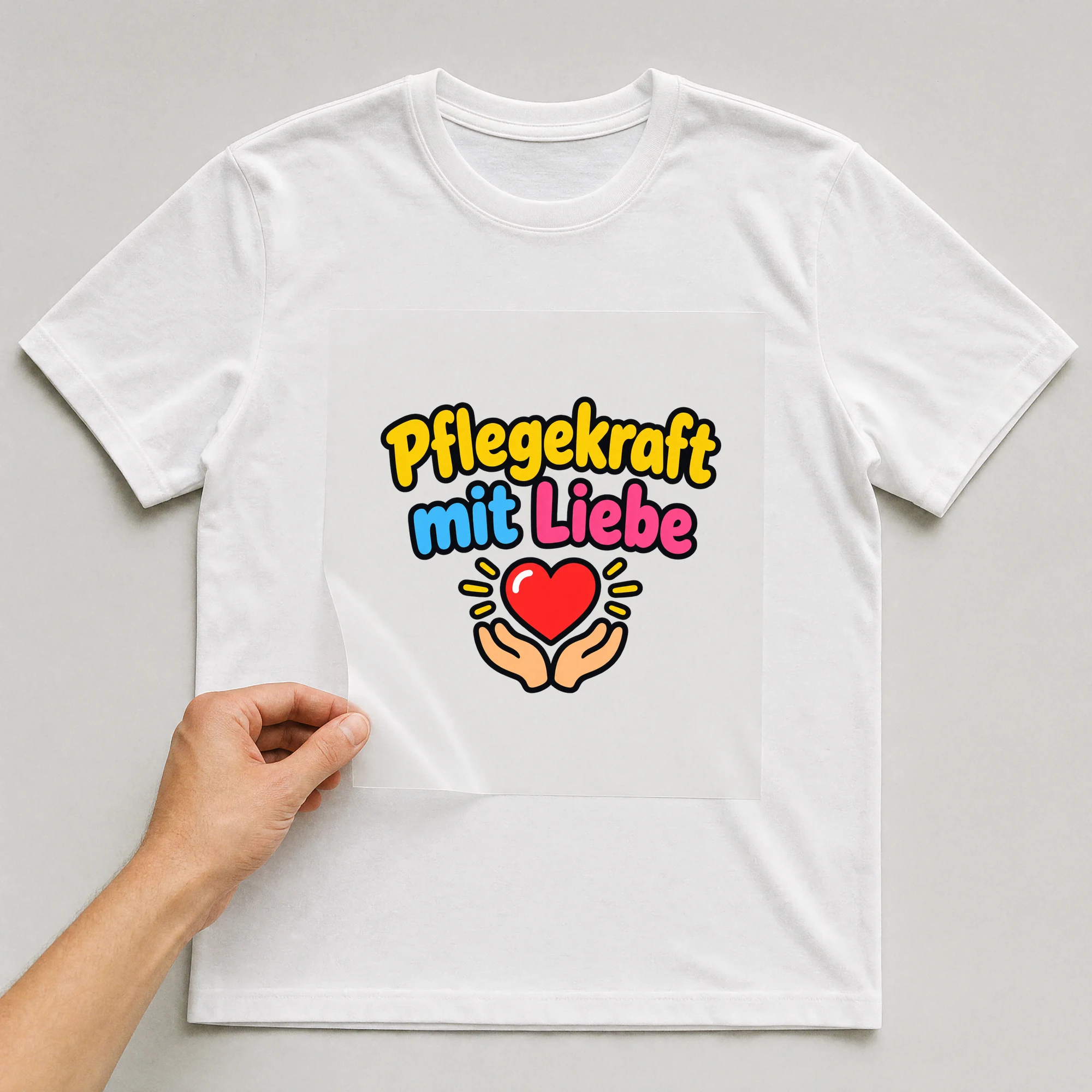 Bügelbild „Pflegekraft mit Liebe“ auf weißem T-Shirt, Folie wird aufgelegt