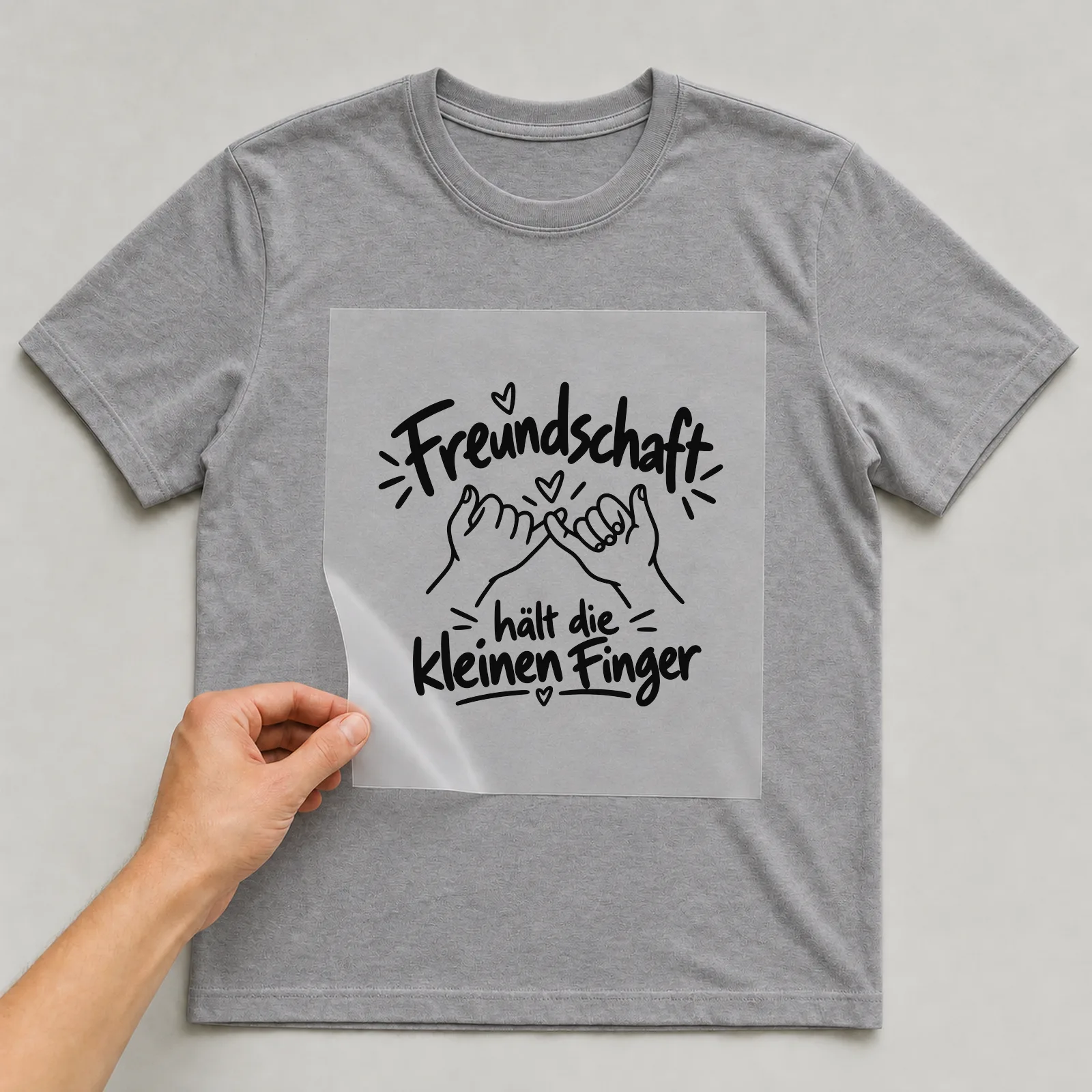 Bügelbild „Freundschaft hält die kleinen Finger“ auf grauem T-Shirt, Folie wird aufgelegt