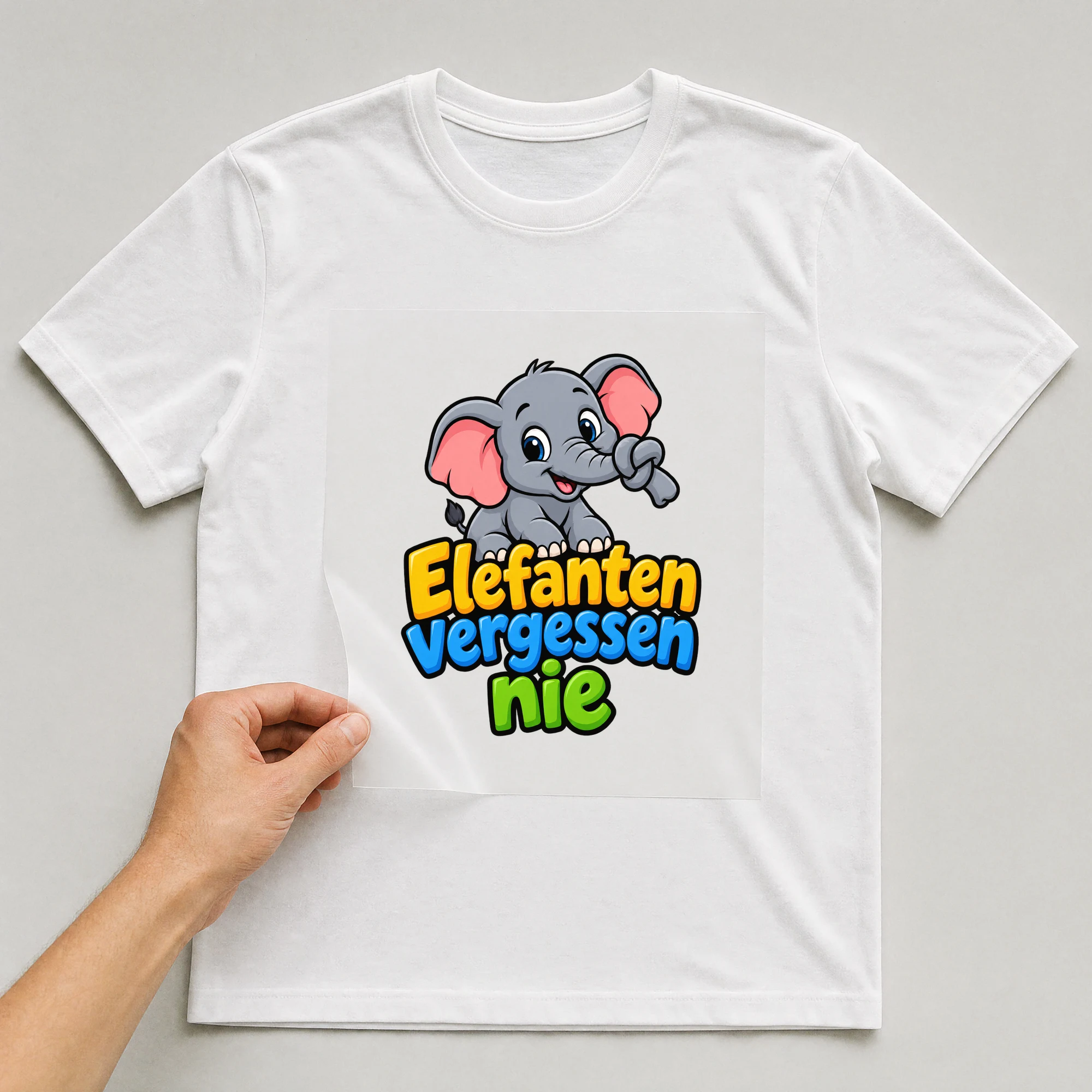 Bügelbild „Elefanten vergessen nie“ auf weißem T-Shirt, Folie wird aufgelegt