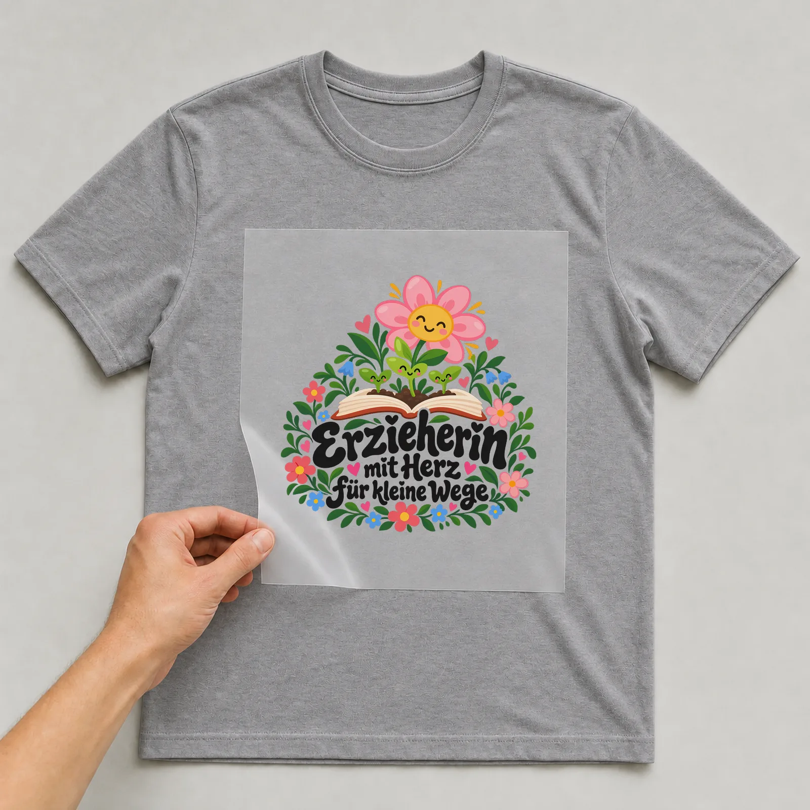 Bügelbild „Erzieherin mit Herz für kleine Wege“ auf grauem T-Shirt, Folie wird aufgelegt
