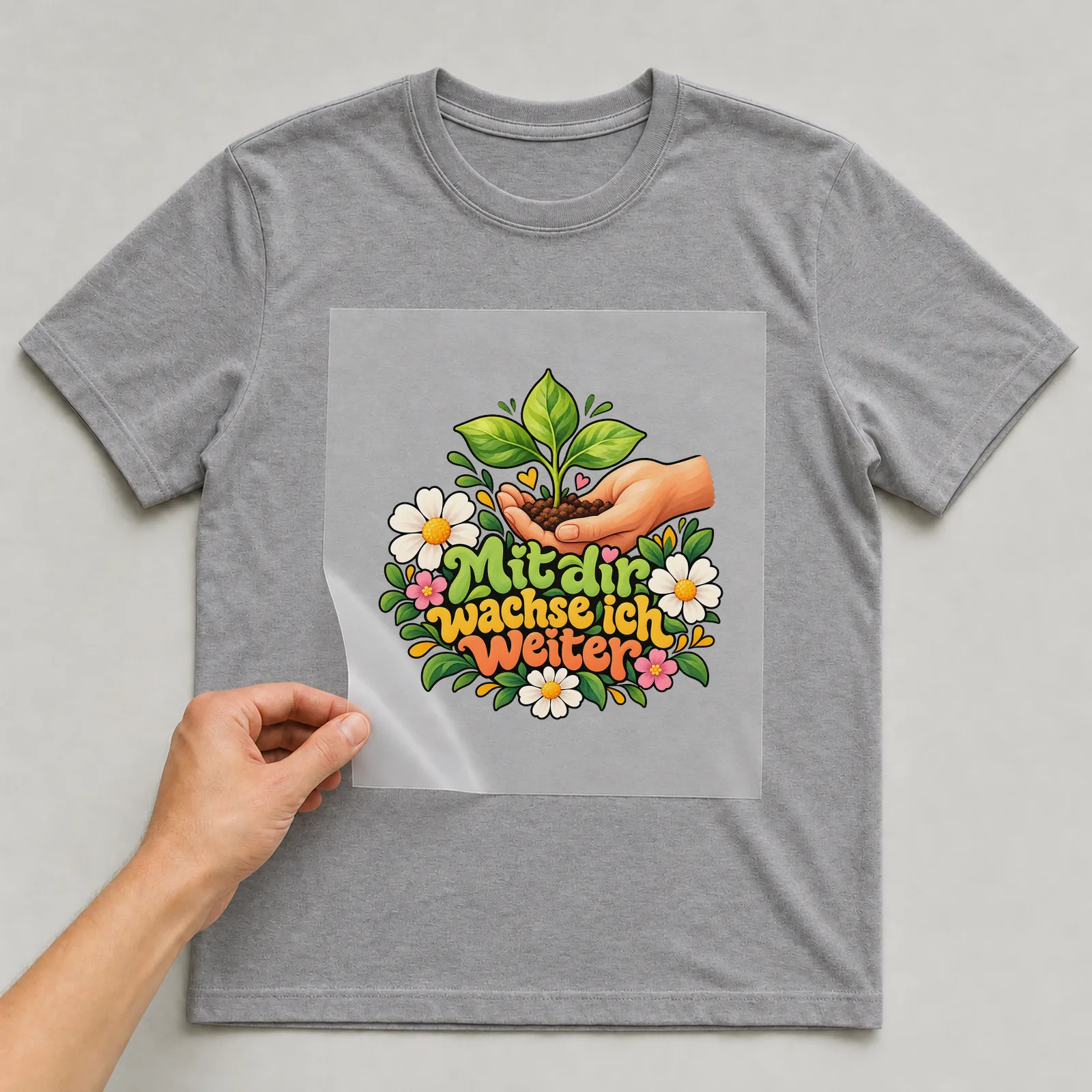 Bügelbild „Mit dir wachse ich weiter“ auf grauem T-Shirt, Folie wird aufgelegt