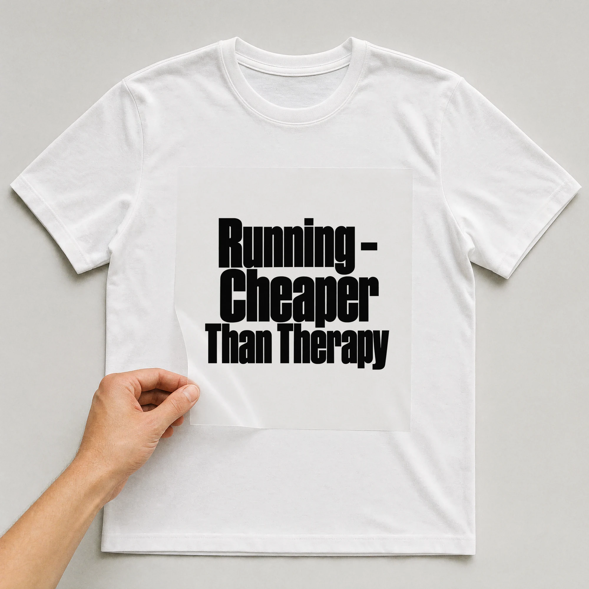 Bügelbild „Running - Cheaper Than Therapy“ auf weißem T-Shirt, Folie wird aufgelegt