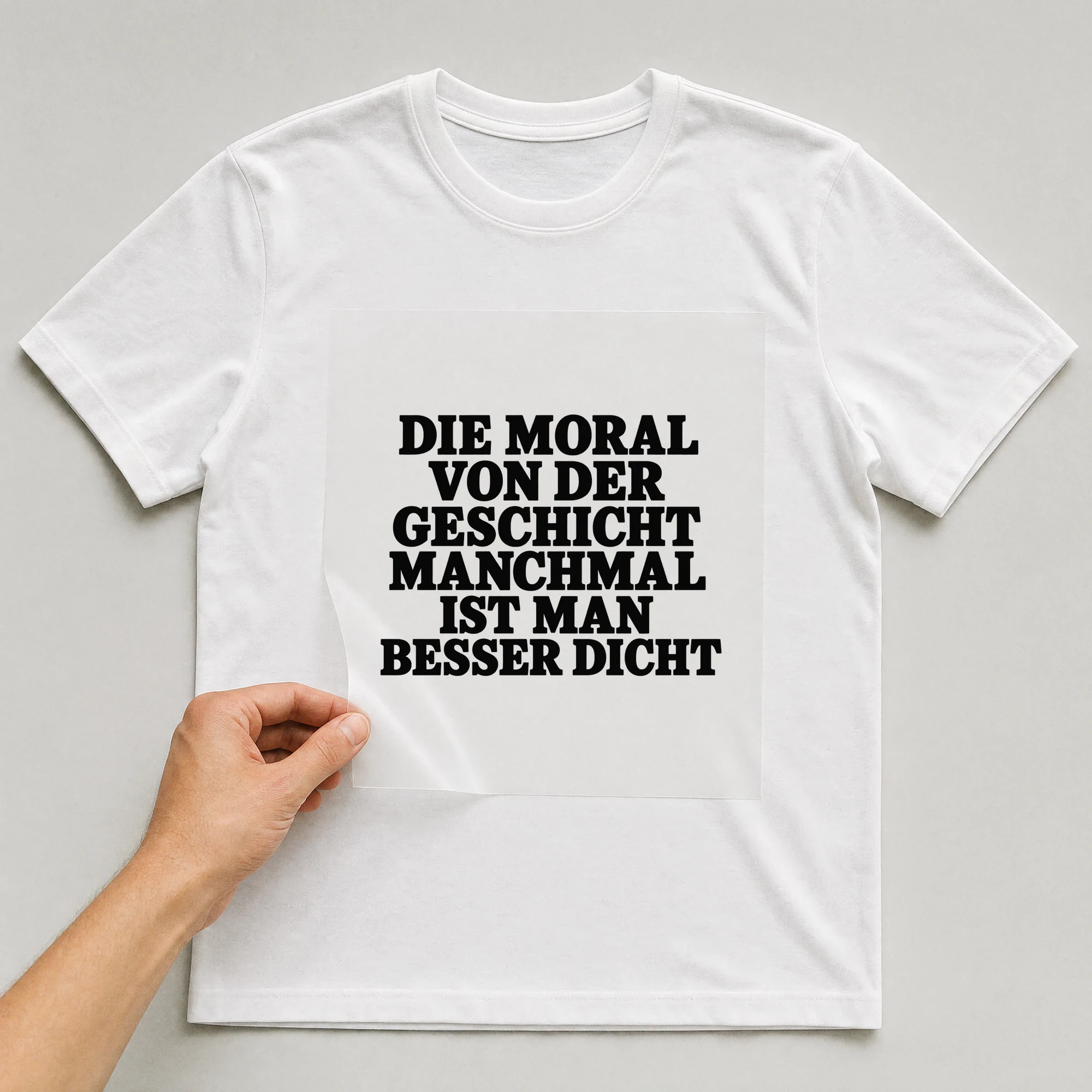 Bügelbild „Die Moral Von Der Geschicht Manchmal Ist Man Besser Dicht“ auf weißem T-Shirt, Folie wird aufgelegt