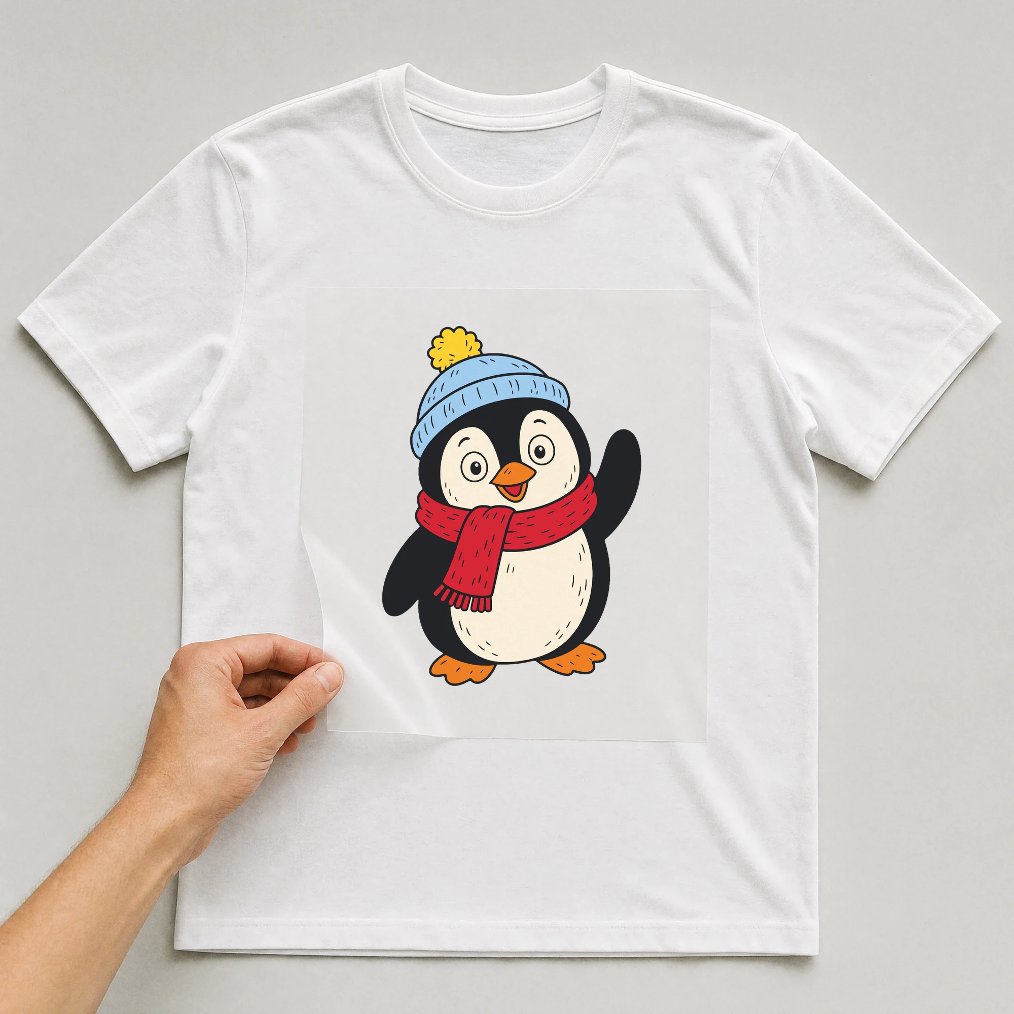 Bügelbild „Pinguin mit Schal“ auf weißem T-Shirt, Folie wird aufgelegt