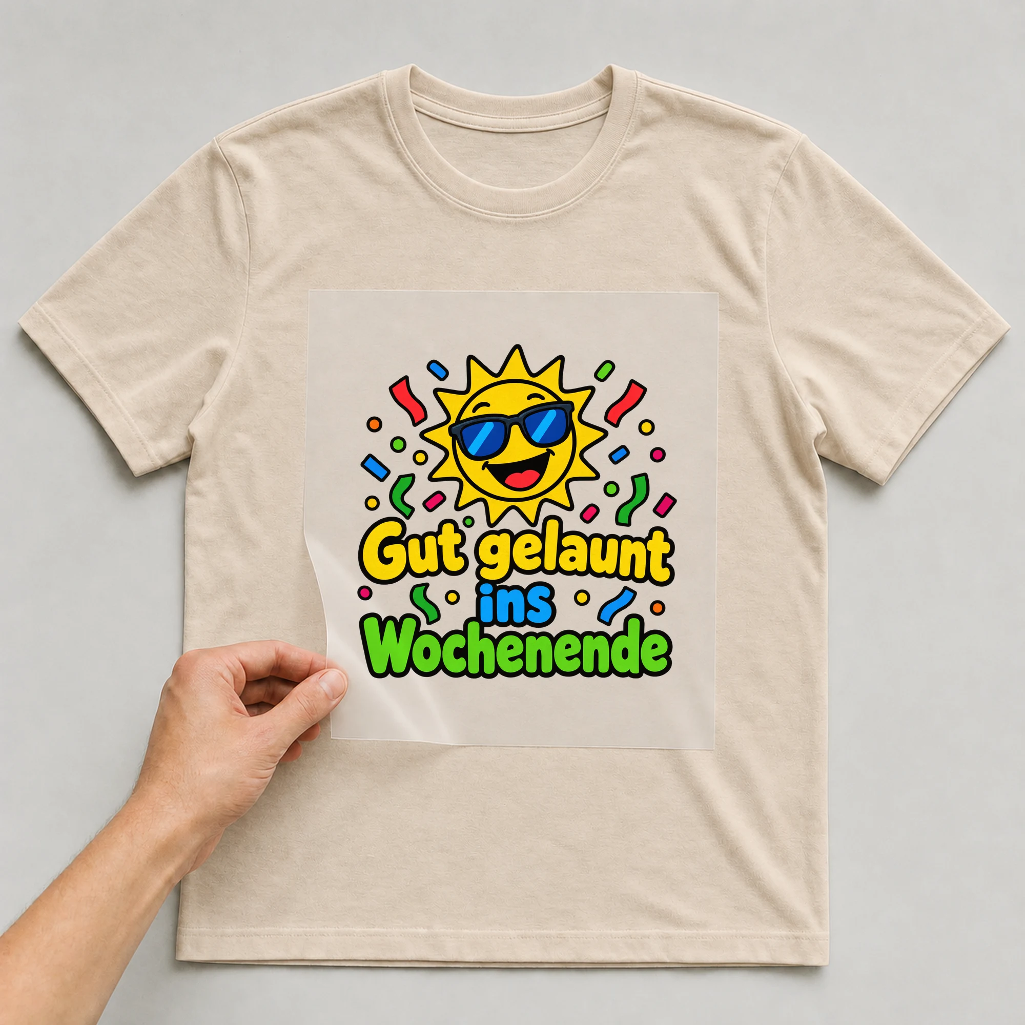 Bügelbild „Gut gelaunt ins Wochenende“ auf beigem T-Shirt, Folie wird aufgelegt