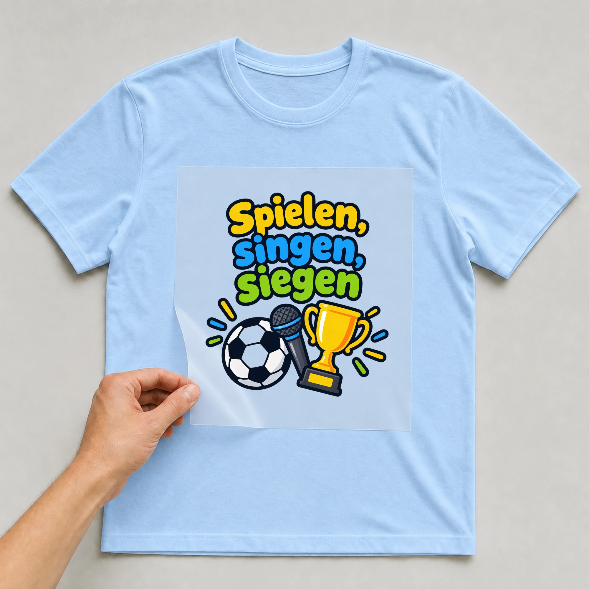 Bügelbild „Spielen, singen, siegen“ auf babyblauem T-Shirt, Folie wird aufgelegt