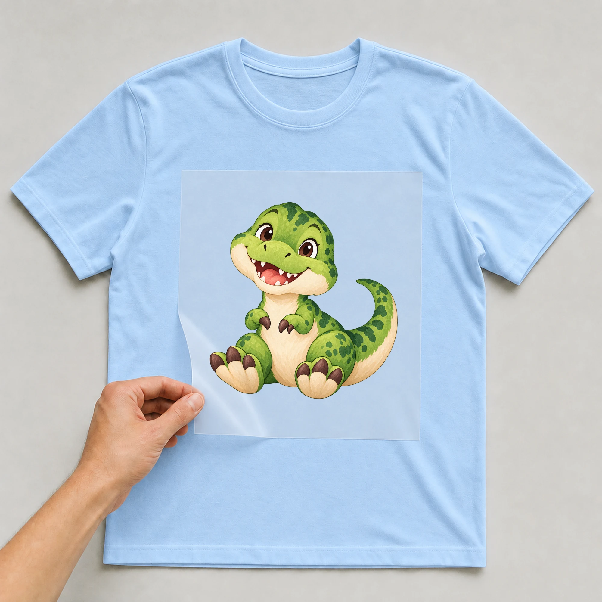 Bügelbild „Frecher Kleiner Dinosaurier“ auf babyblauem T-Shirt, Folie wird aufgelegt