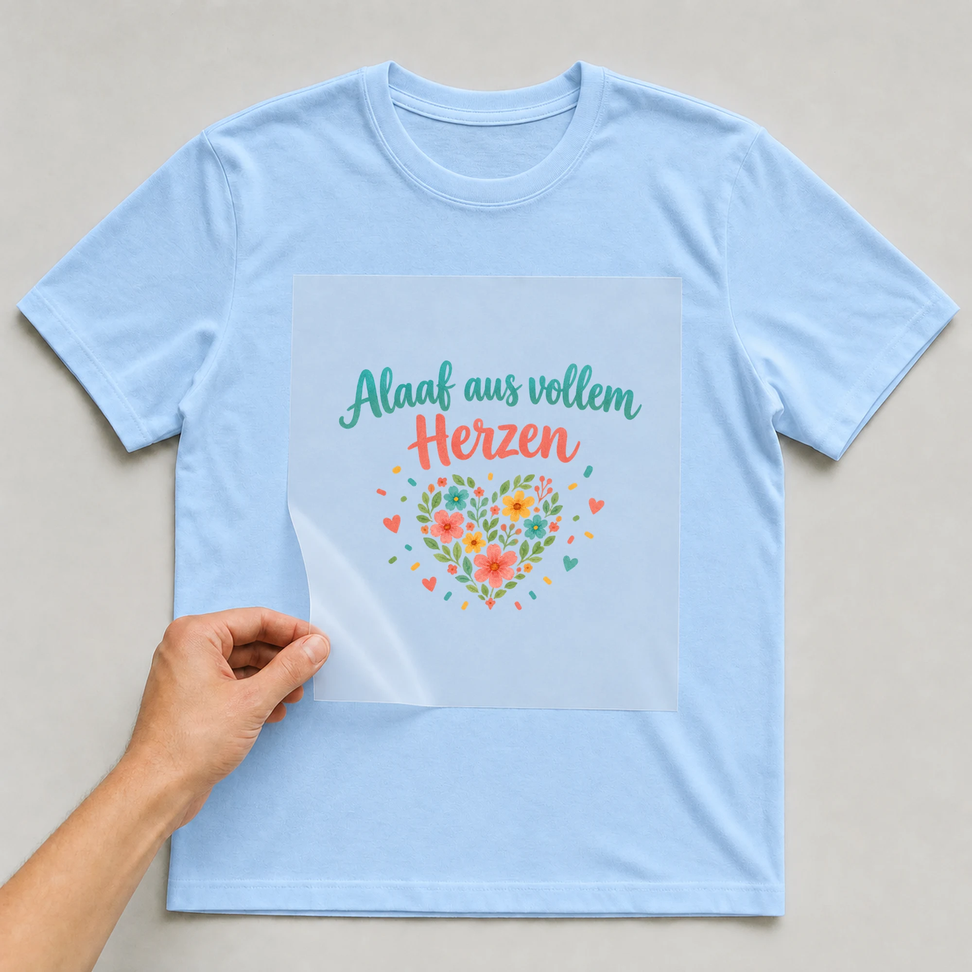 Bügelbild „Alaaf aus vollem Herzen“ auf babyblauem T-Shirt, Folie wird aufgelegt