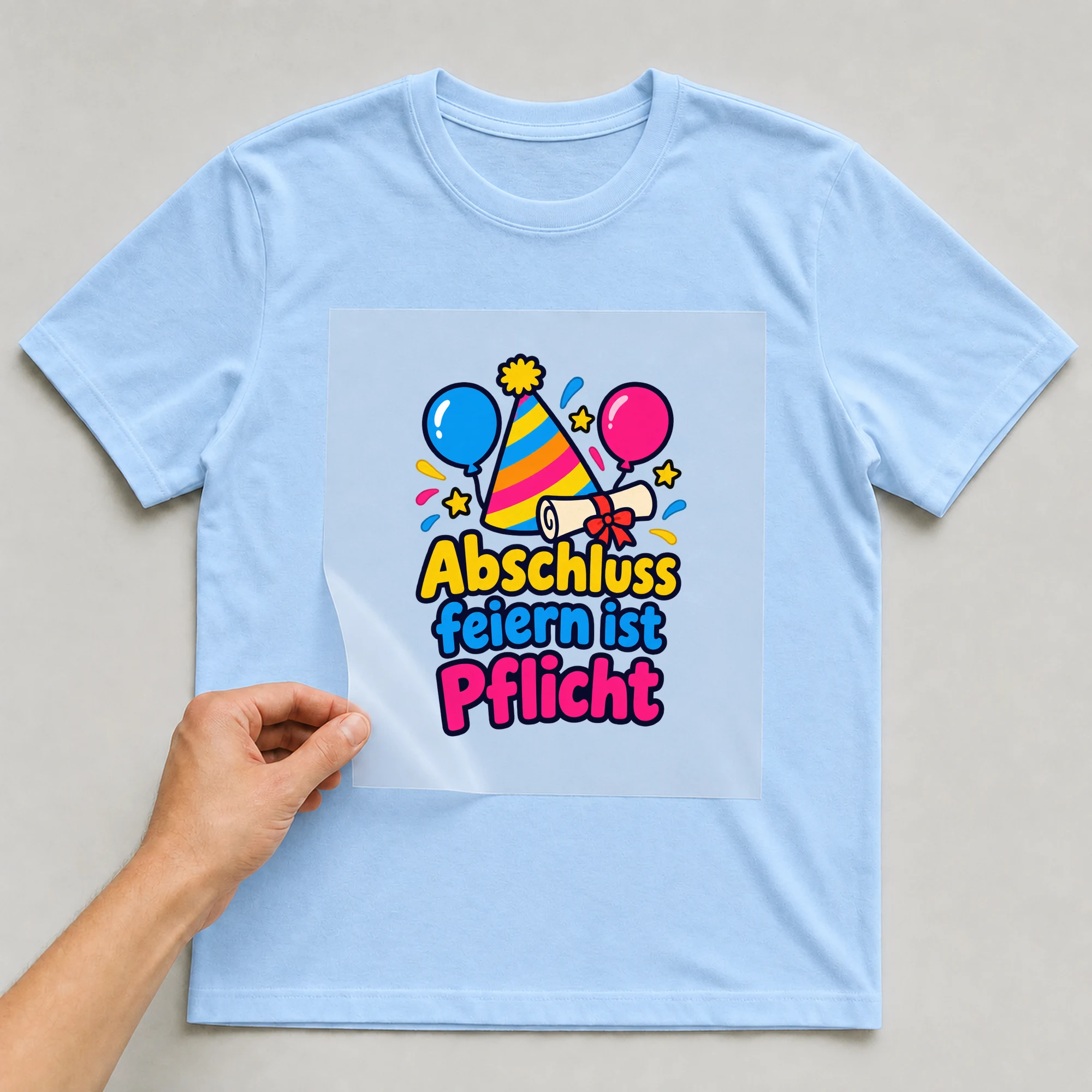 Bügelbild „Abschluss feiern ist Pflicht“ auf babyblauem T-Shirt, Folie wird aufgelegt
