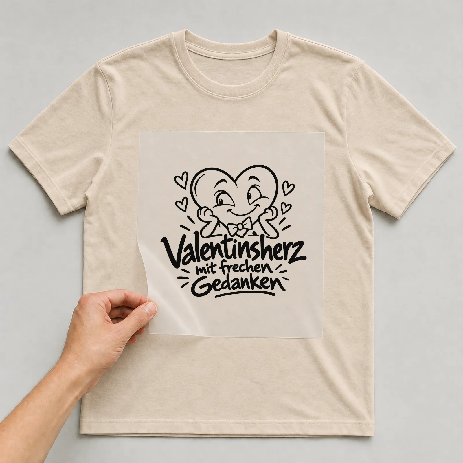 Bügelbild „Valentinsherz mit frechen Gedanken“ auf beigem T-Shirt, Folie wird aufgelegt