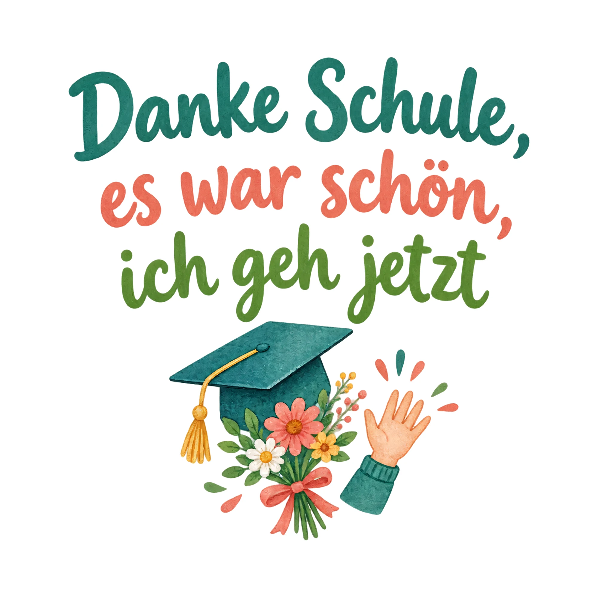 Bügelbild Danke Schule, es war schön, ich geh jetzt, Lustiger Shirt Spruch als Grafik auf weißem Hintergrund (BB020136)
