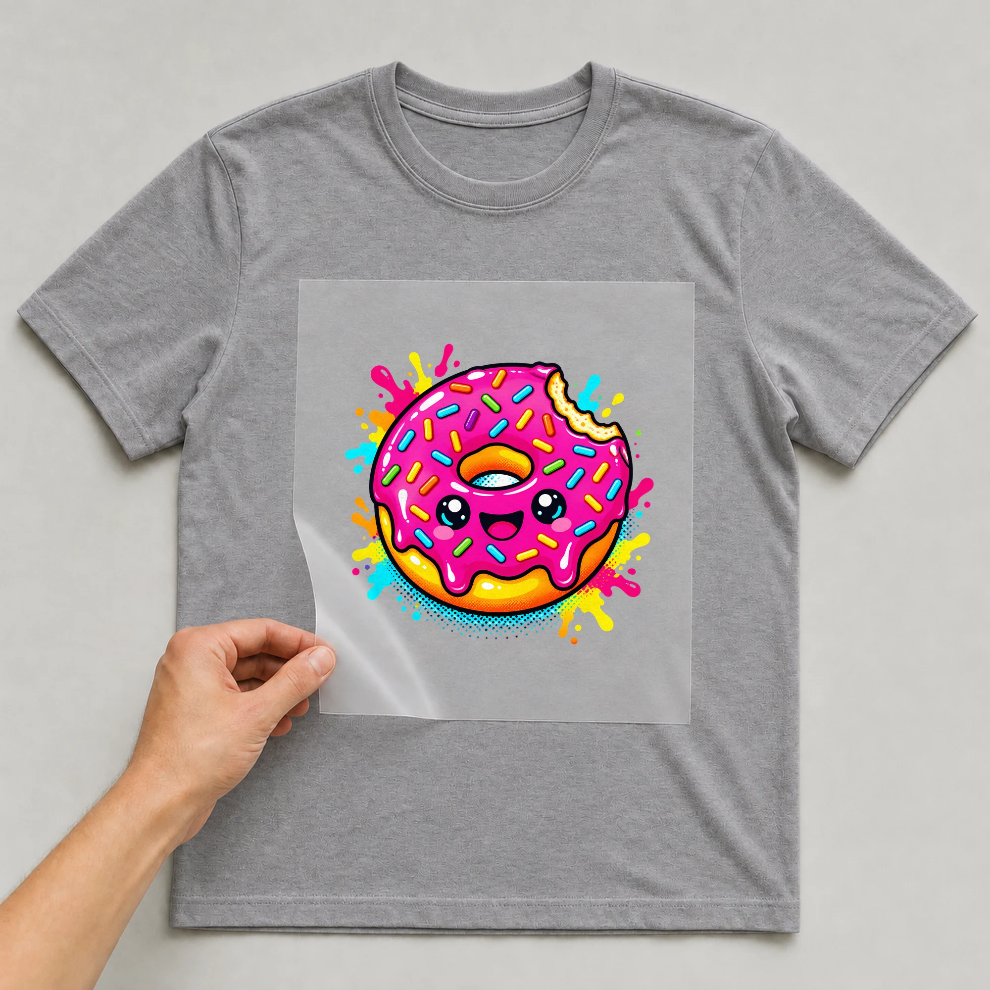Bügelbild „Donut im Sticker-Stil“ auf grauem T-Shirt, Folie wird aufgelegt