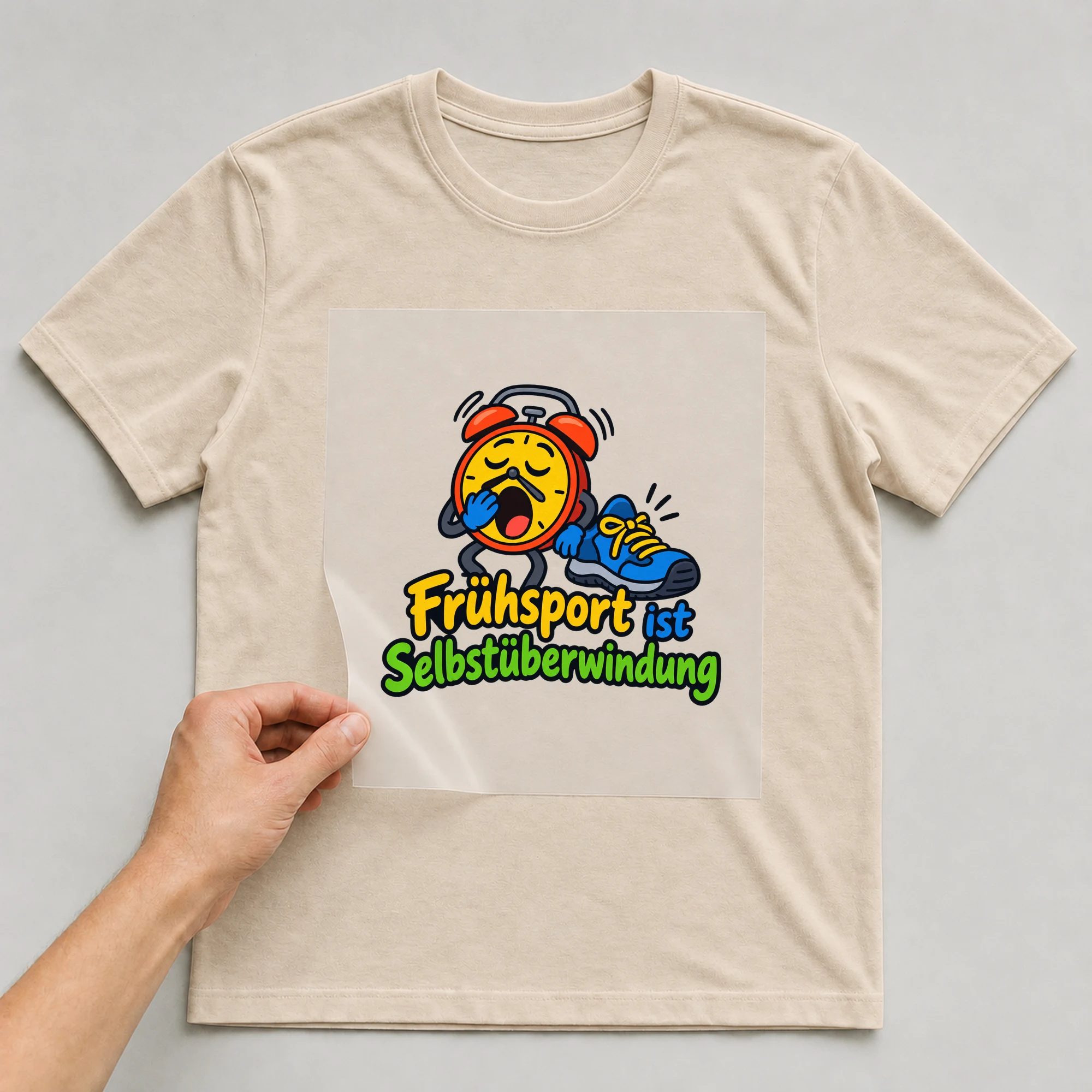 Bügelbild „Frühsport ist Selbstüberwindung“ auf beigem T-Shirt, Folie wird aufgelegt