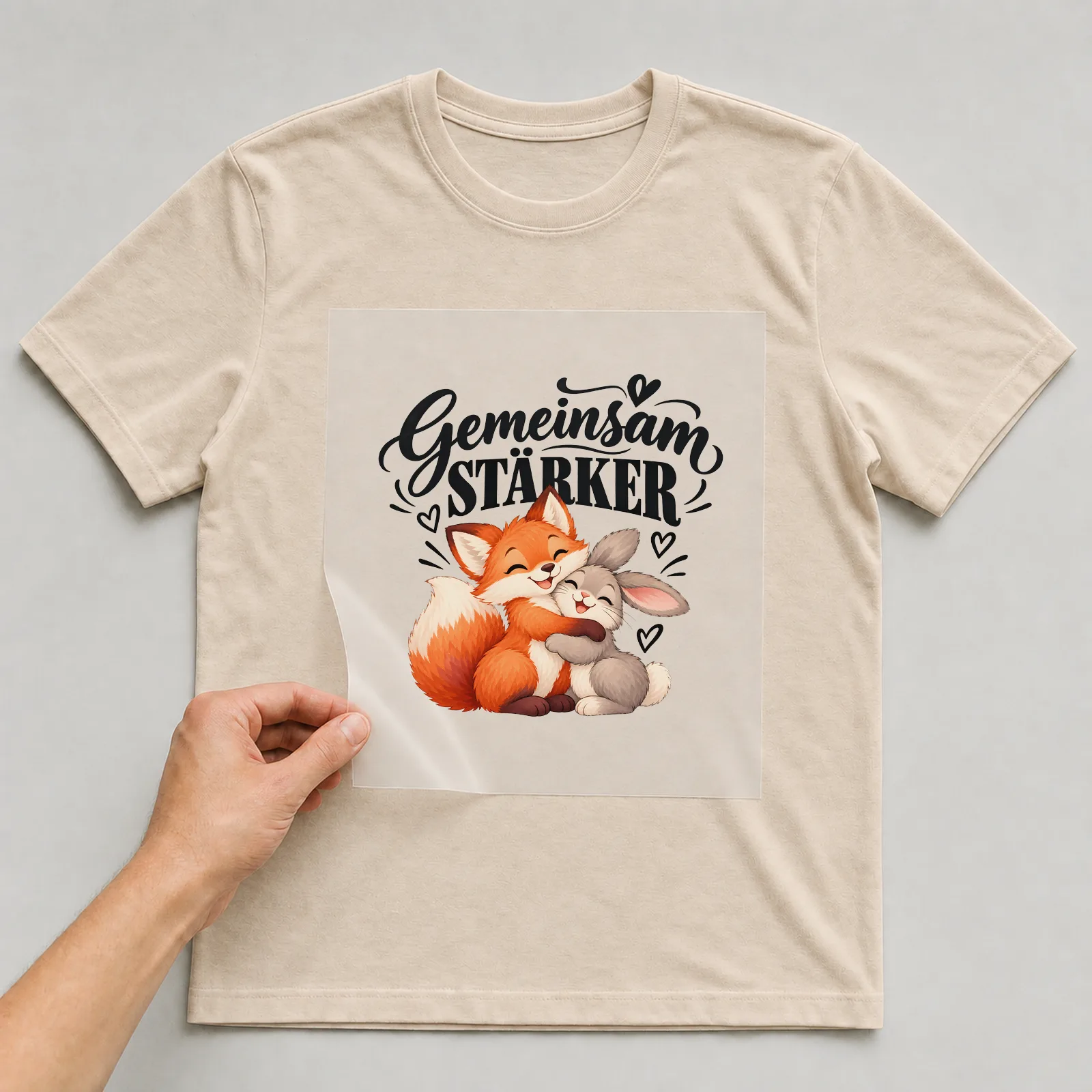 Bügelbild „Gemeinsam stärker“ auf beigem T-Shirt, Folie wird aufgelegt
