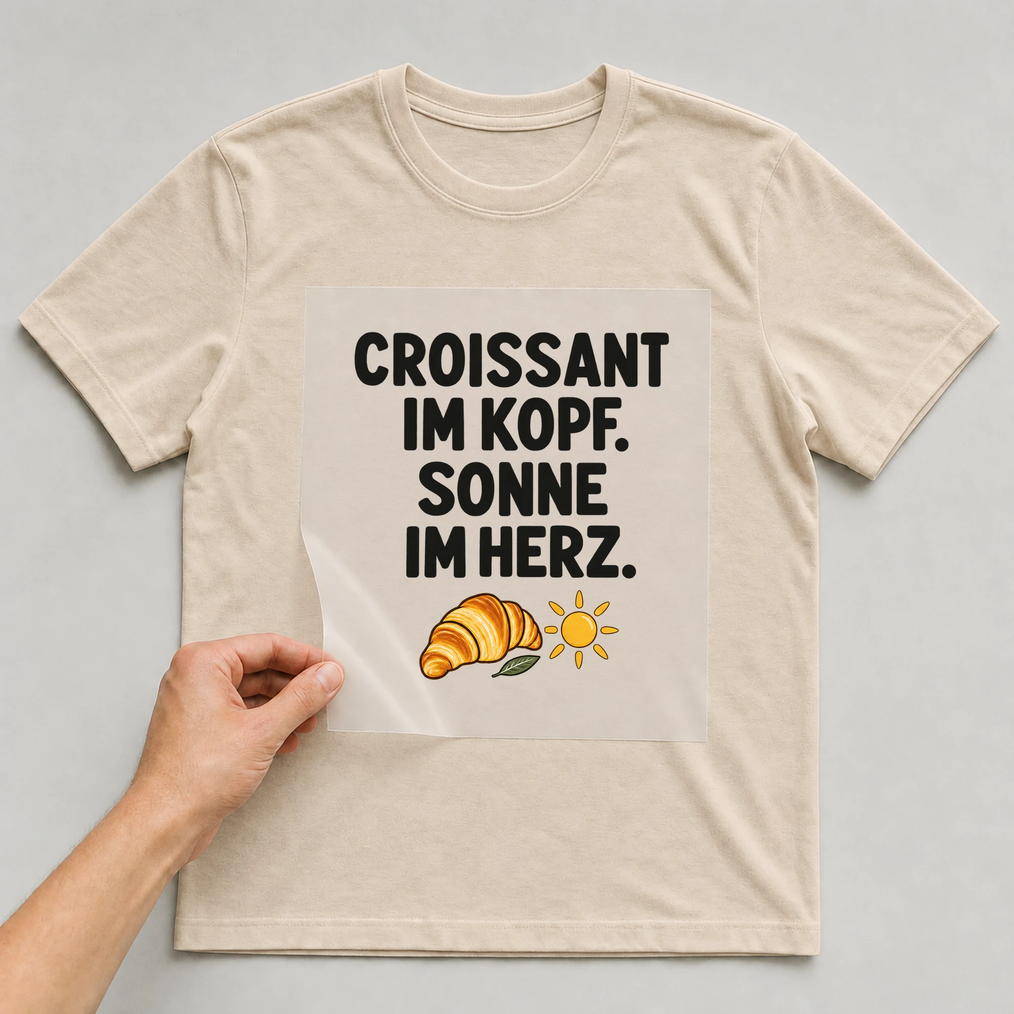 Bügelbild „CROISSANT IM KOPF. SONNE IM HERZ.“ auf beigem T-Shirt, Folie wird aufgelegt