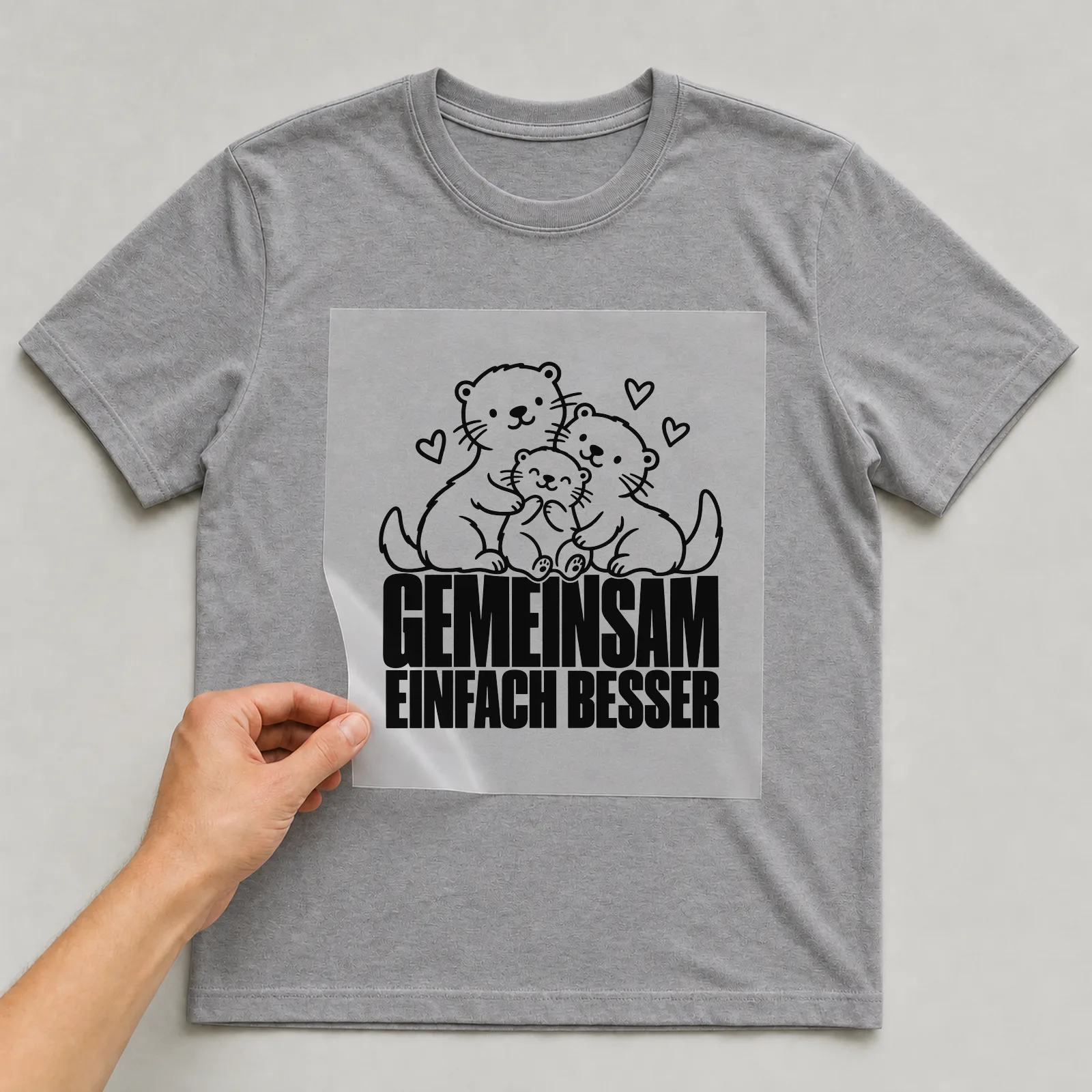 Bügelbild „Gemeinsam einfach besser“ (Doodle-Stil) auf grauem T-Shirt, Folie wird aufgelegt